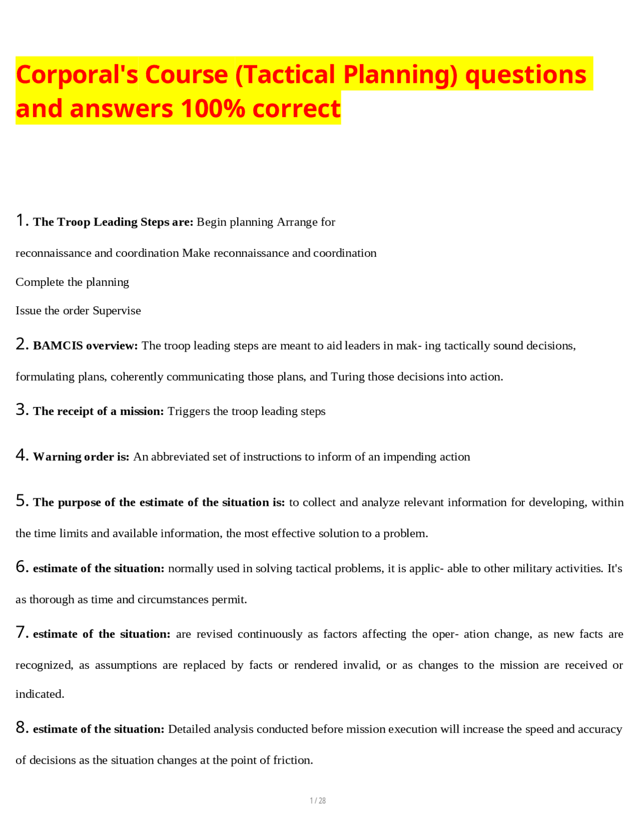 Questions Tactical Corporal's Course (Tactical Planning) Questions and Answers | Exams ...