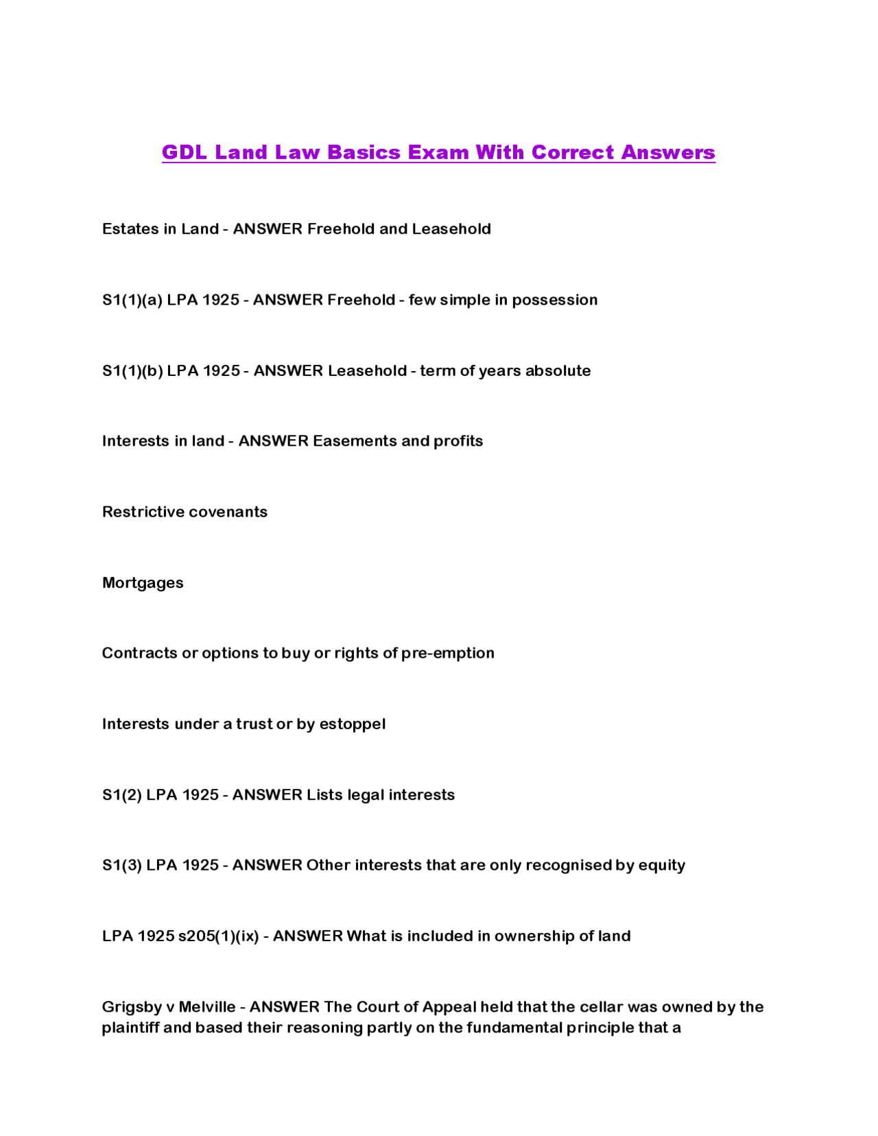 GDL Land Law Basics Exam With Correct Answers | Exams Law