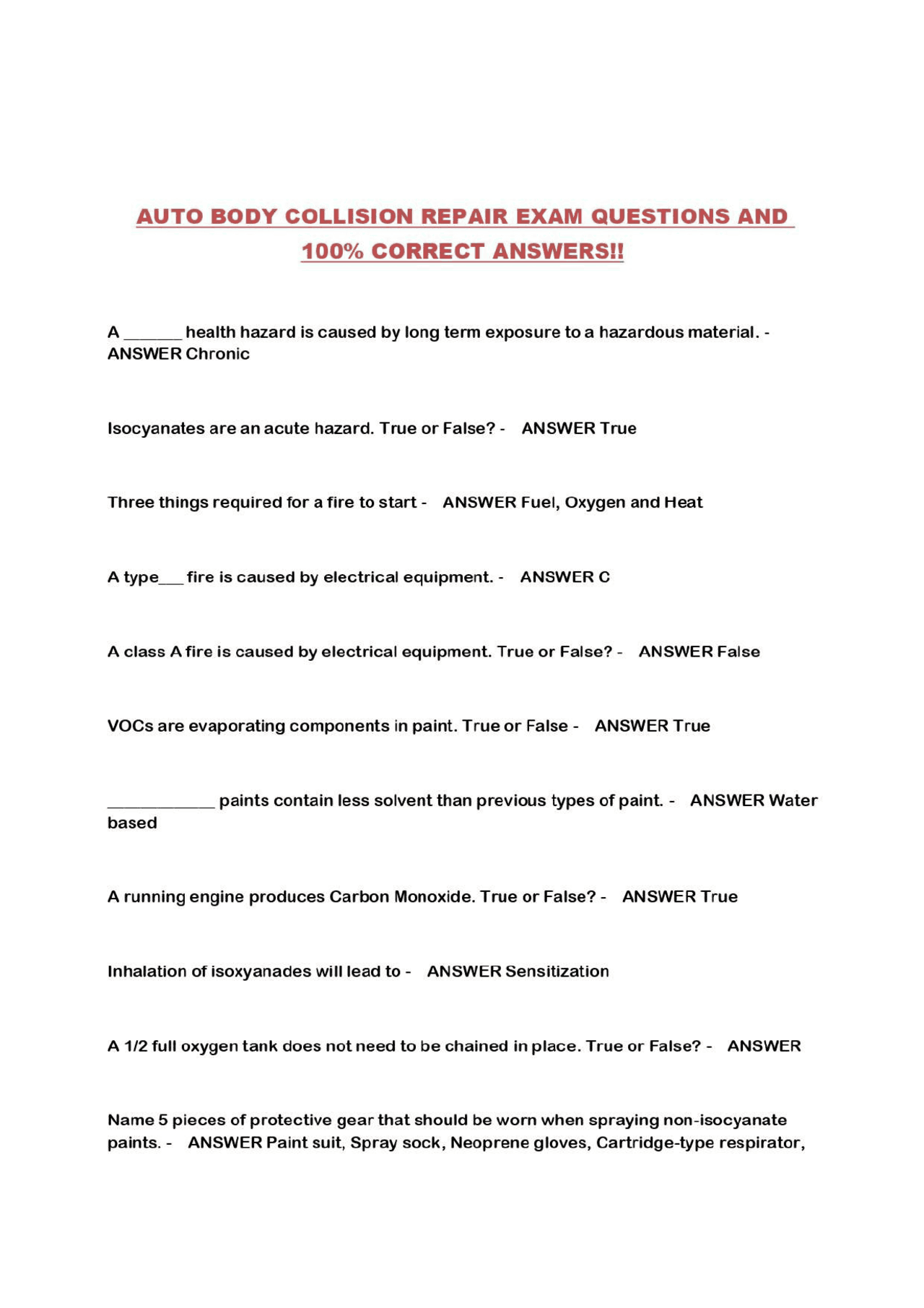 AUTO BODY COLLISION REPAIR EXAM QUESTIONS AND 100% CORRECT ANSWERS ...