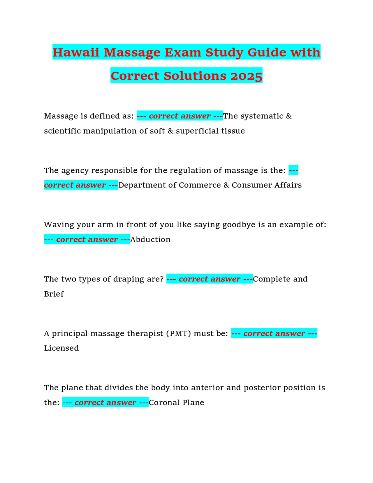 Hawaii Massage Exam Study Guide with Correct Solutions 2025 | Exams ...