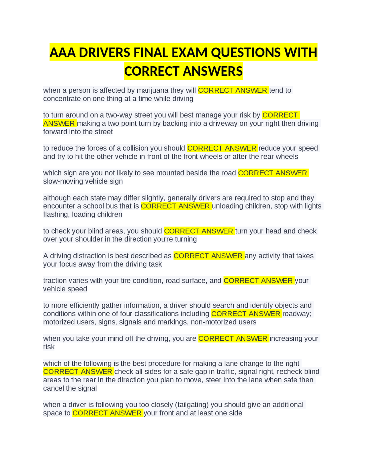 AAA Drivers Final Exam Questions with Correct Answers | Exams Advanced ...