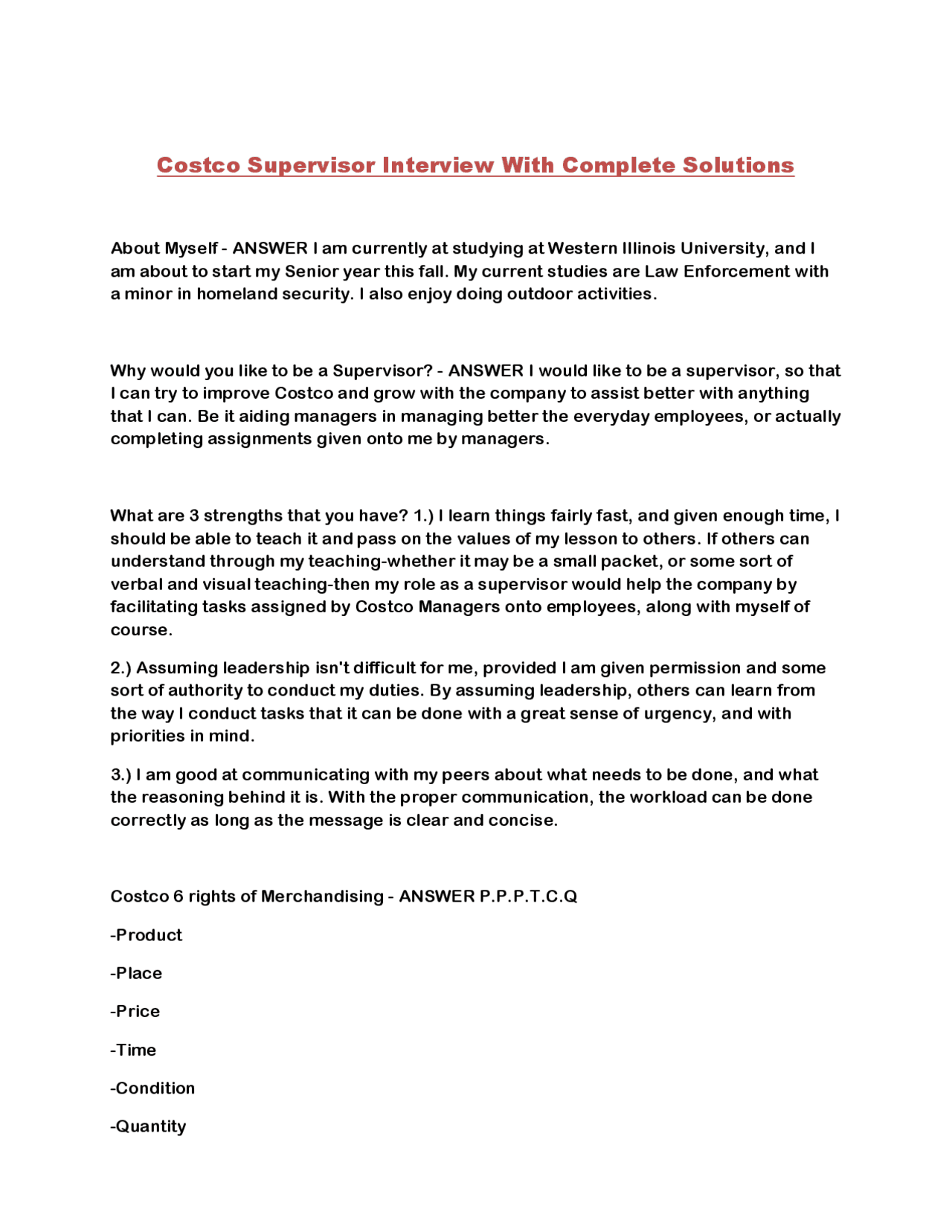 Costco Supervisor Interview With Complete Solutions | Exams Service ...