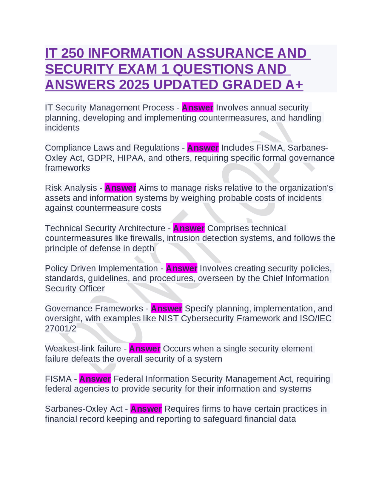 IT 250 INFORMATION ASSURANCE AND SECURITY EXAM 1 QUESTIONS AND ANSWERS ...