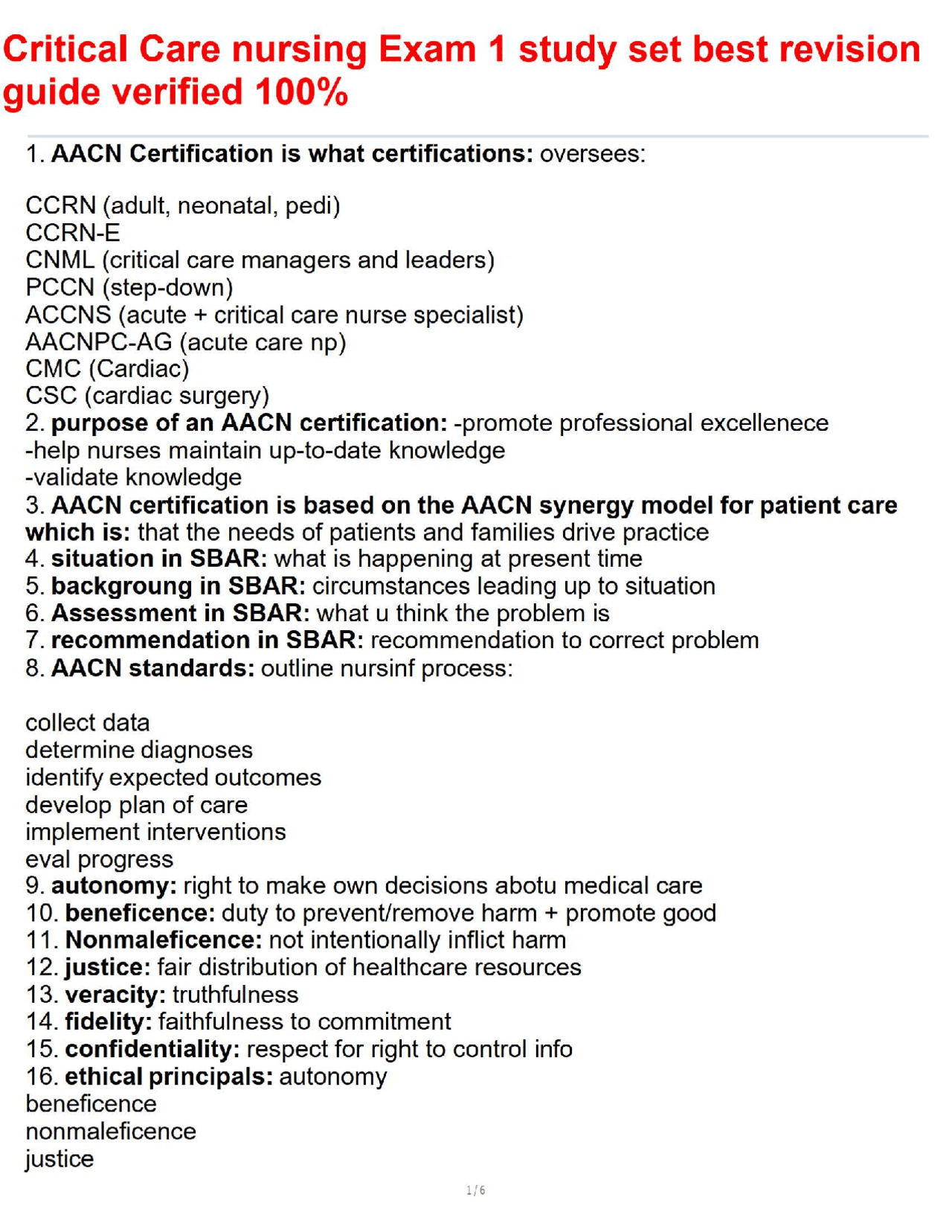 Critical Care nursing Exam 1 study set best revision guide verified 100 ...