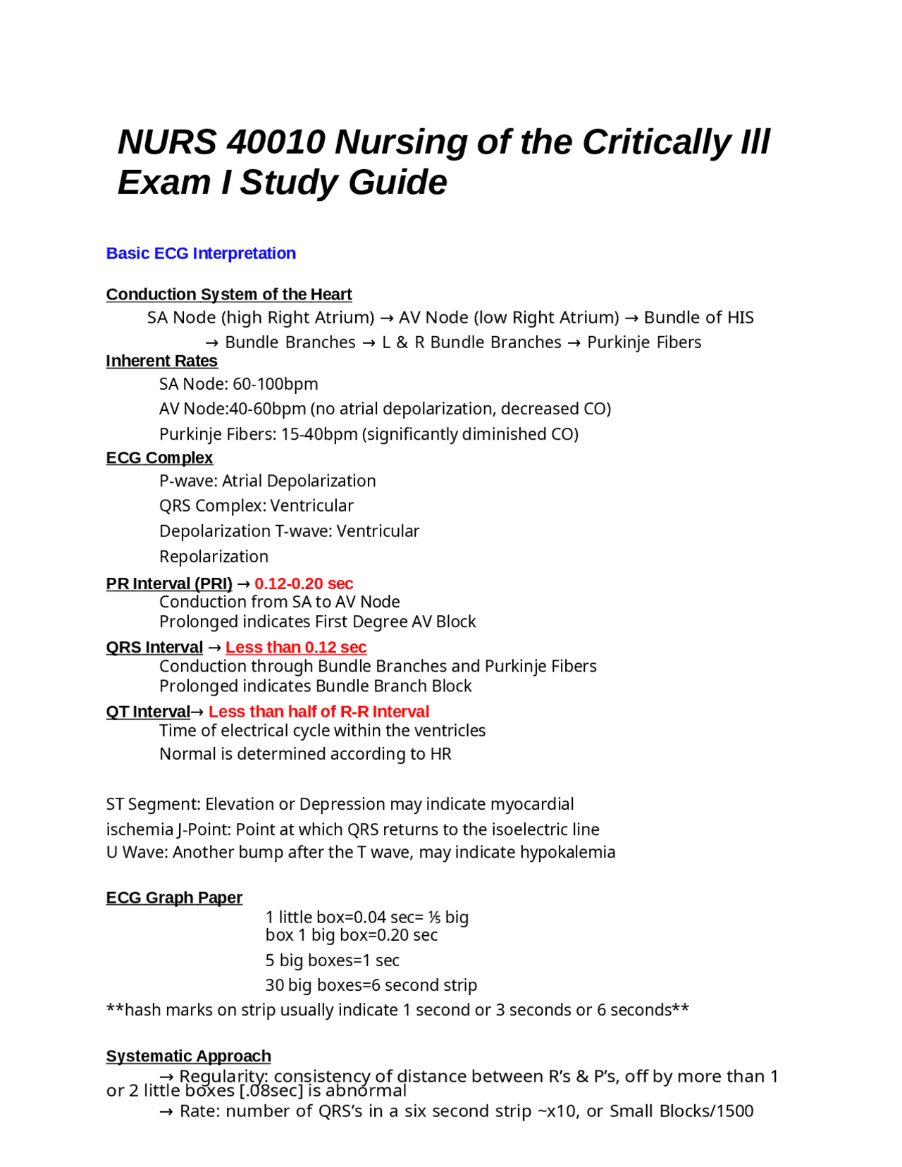 Critical Care Nursing Exam I Study Guide: ECG & Hemodynamics | Study ...