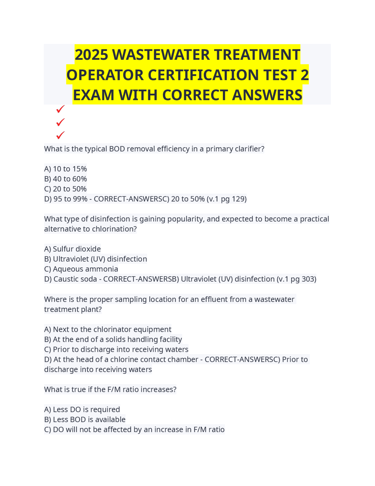 2025 WASTEWATER TREATMENT OPERATOR CERTIFICATION TEST 2 EXAM WITH ...