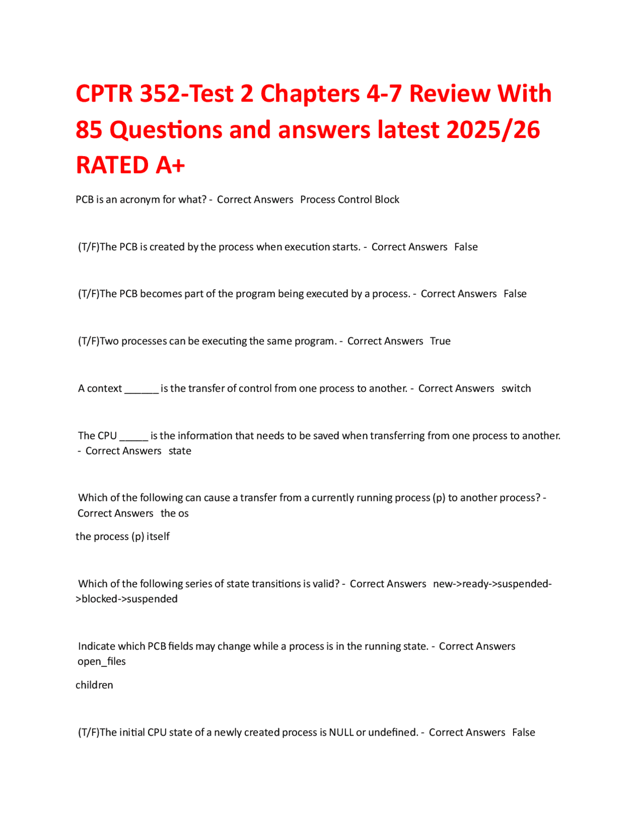 CPTR 352 - Test 2 Chapters 4-7 Review: 85 Questions and Answers | Exams ...