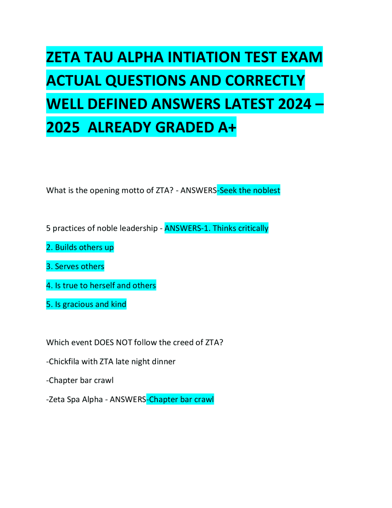 Zeta Tau Alpha Initiation Test Exam: Questions and Answers | Exams ...