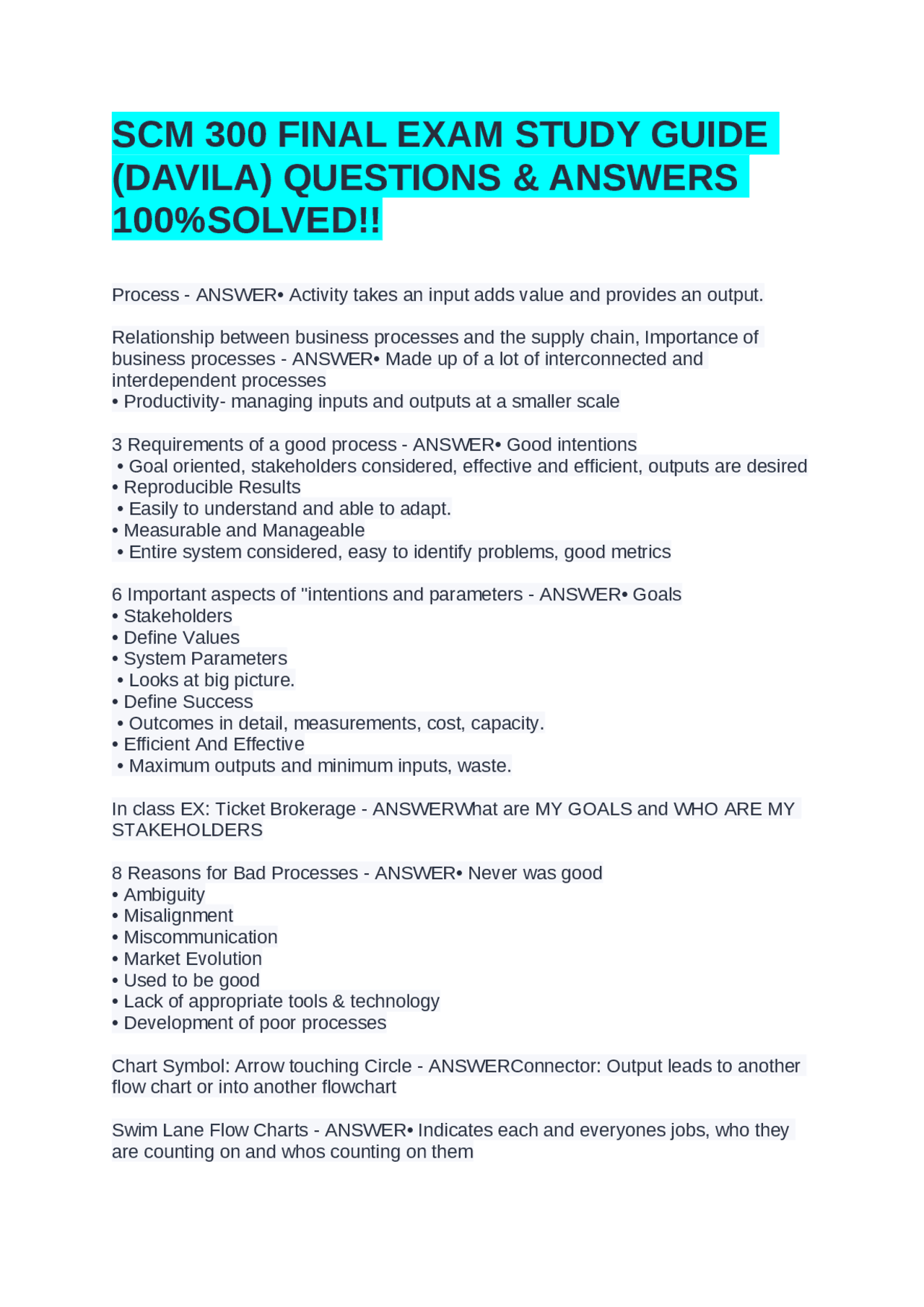 SCM 300 FINAL EXAM STUDY GUIDE (DAVILA) QUESTIONS & ANSWERS 100%SOLVED ...