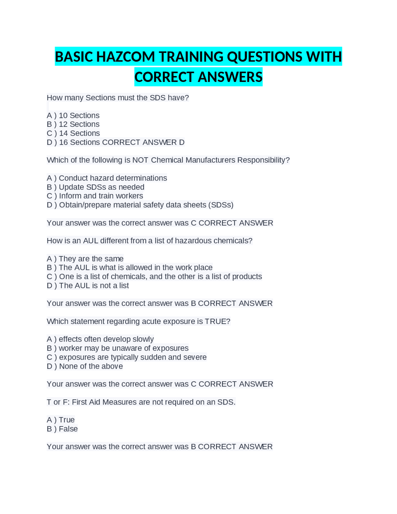BASIC HAZARD COMMUNICATION HAZCOM TRAINING ANSWERS visual data 7