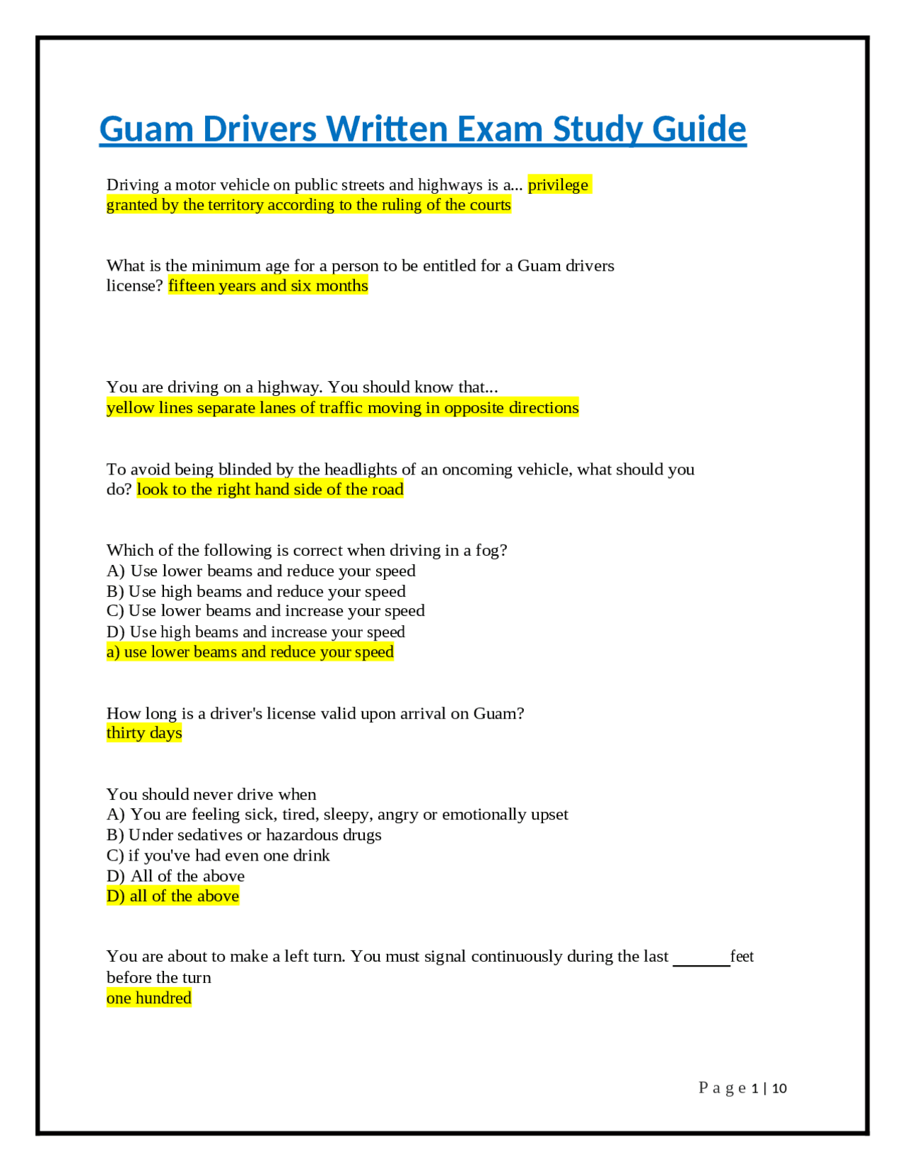 Guam Drivers Abstract Example Guam Drivers Written Exam Study Guide | Exams Nursing | Docsity