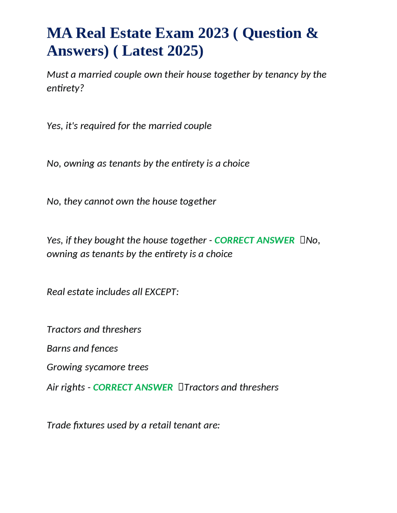 MA Real Estate Exam 2023 Practice Questions and Answers Exams