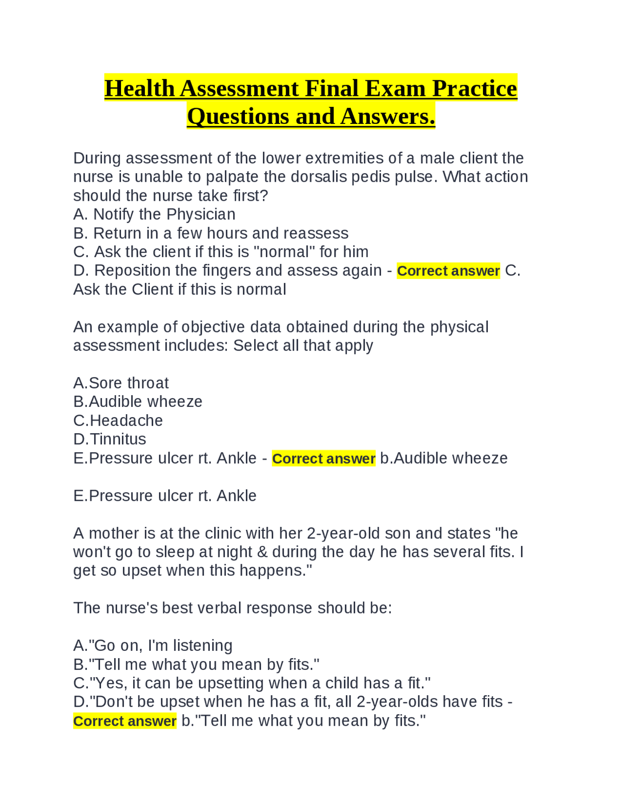 Health Assessment Final Exam Practice Questions and Answers | Exams ...
