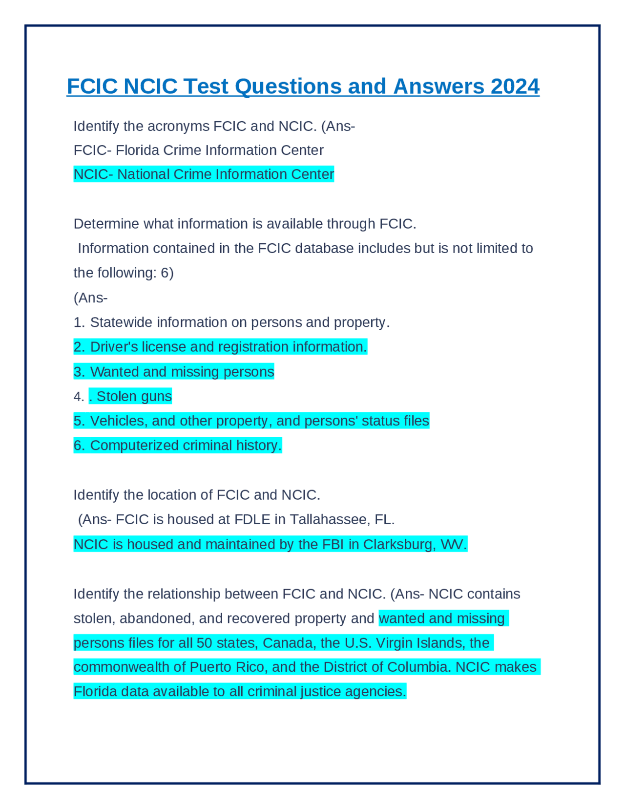 FCIC NCIC Test Questions and Answers 2024 | Exams Nursing | Docsity