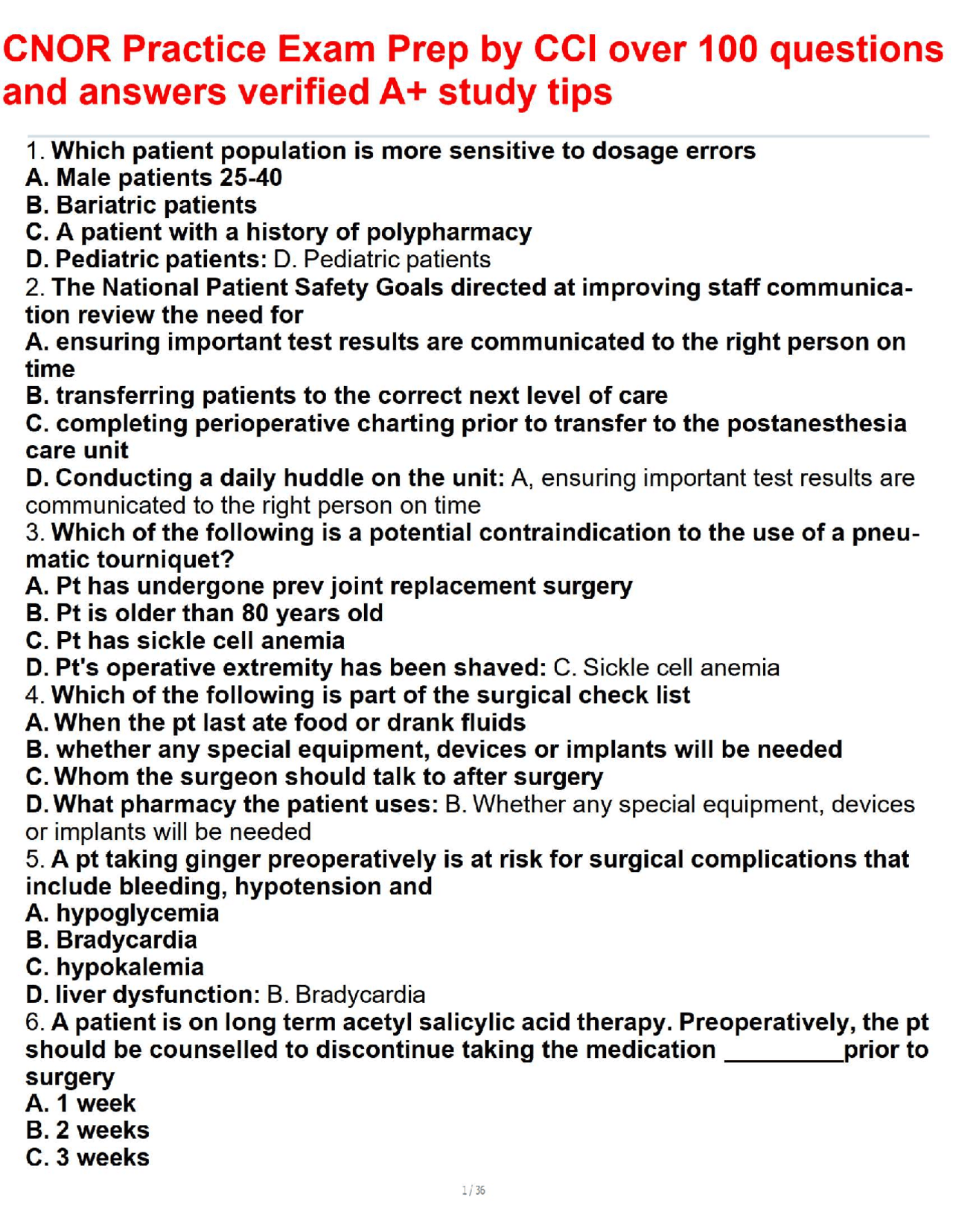 CNOR Practice Exam Prep by CCI over 100 questions and answers verified ...