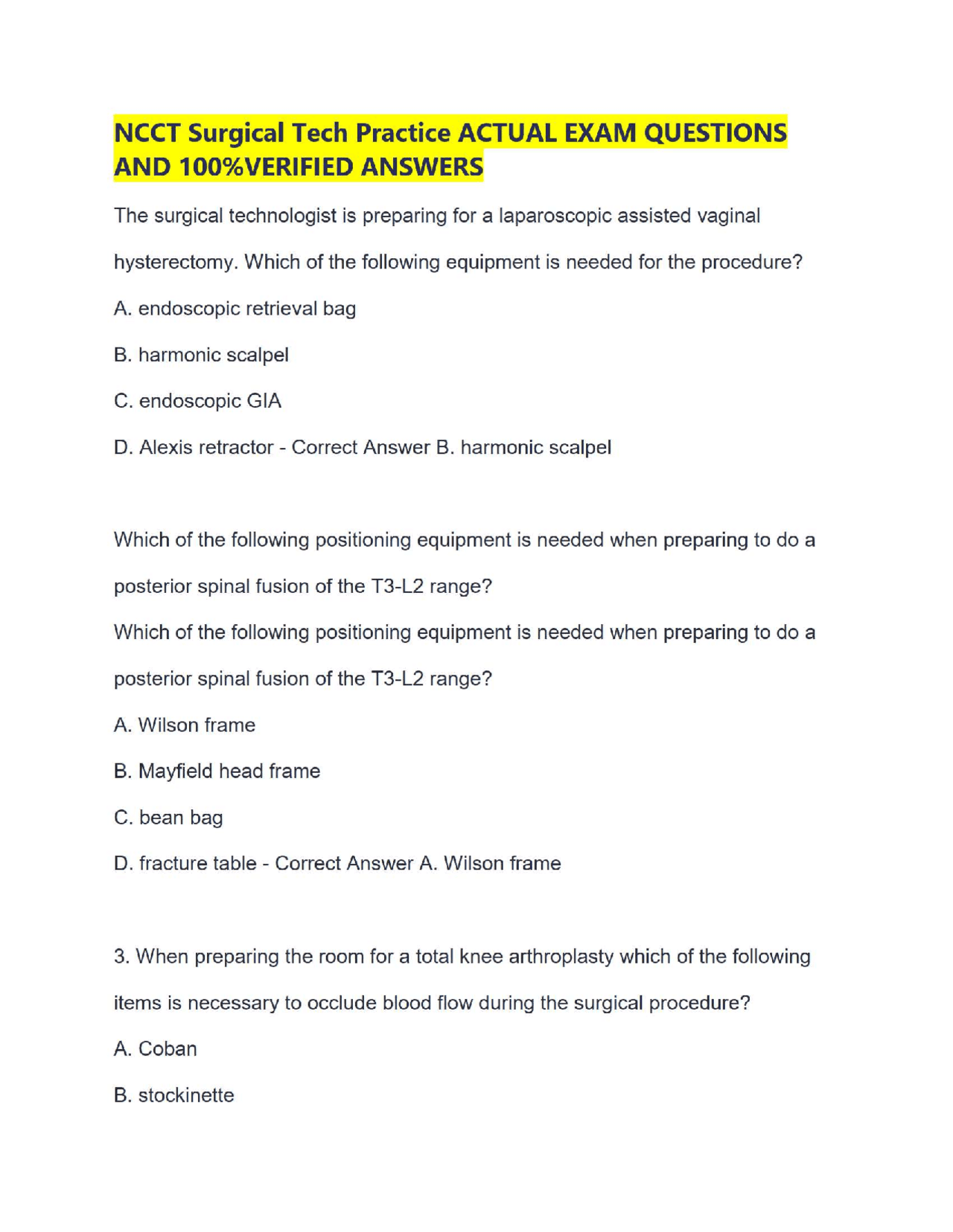 Ncct Surgical Tech Practice Actual Exam Questions And 100 Verified