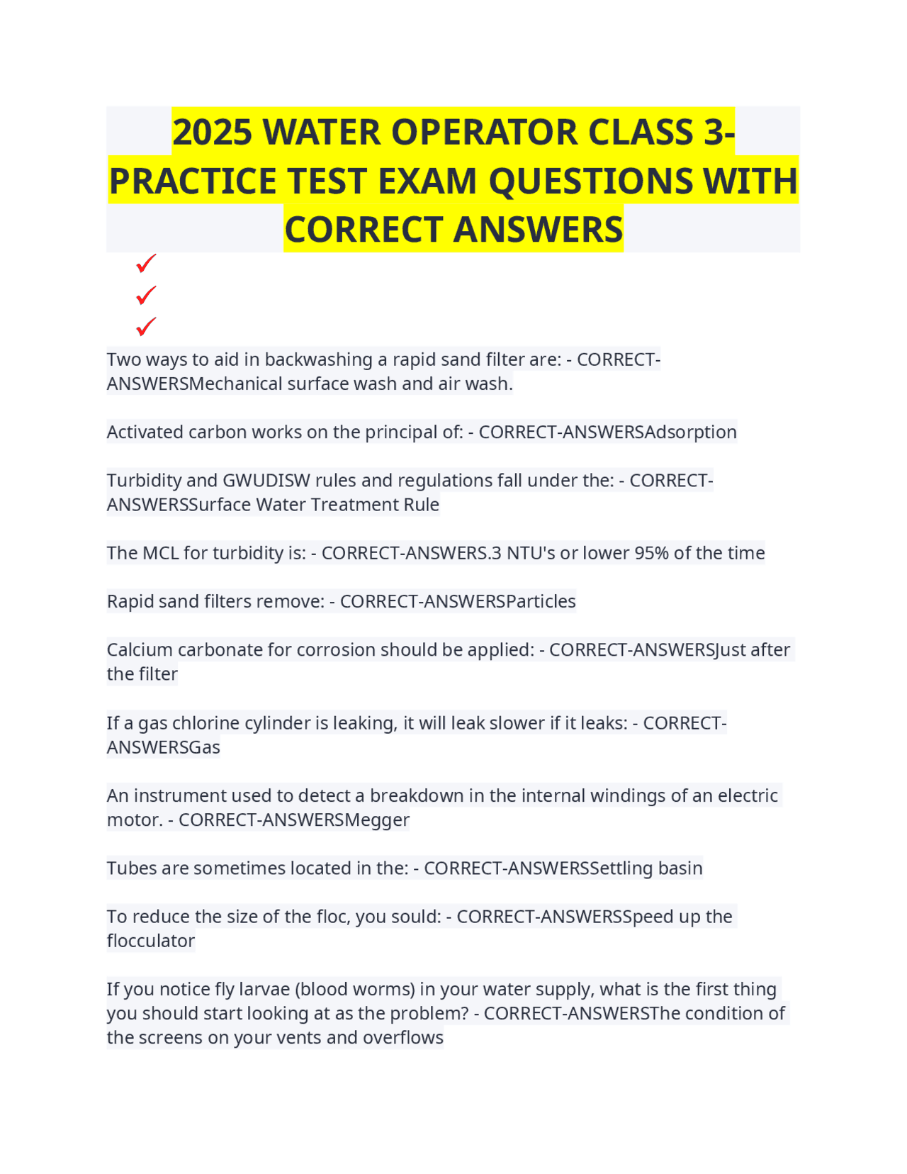 2025 Water Operator Class 3 Practice Test Exam Questions with Correct Answers | Exams Advanced ...