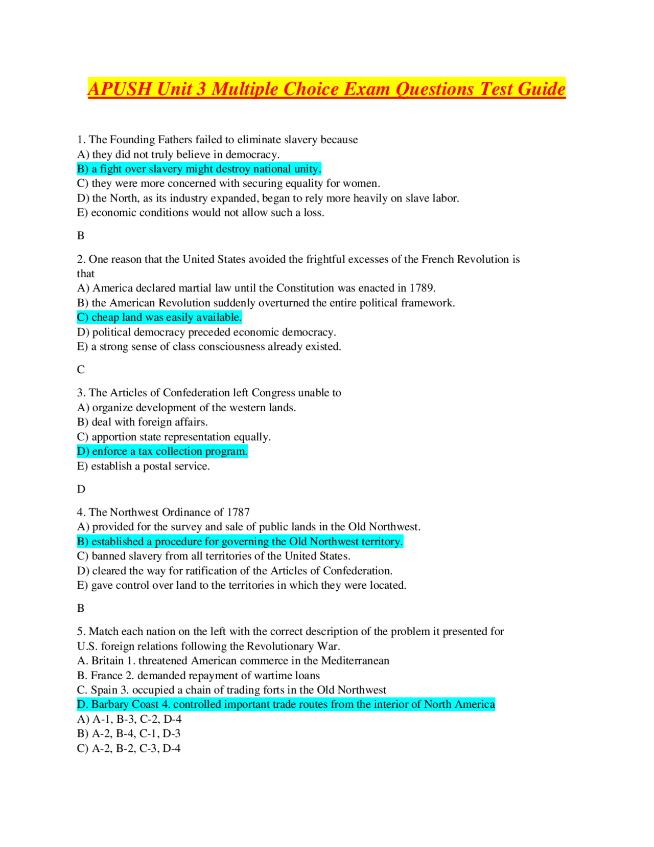 APUSH Unit 3 Multiple Choice Exam Questions Test Guide | Quizzes ...