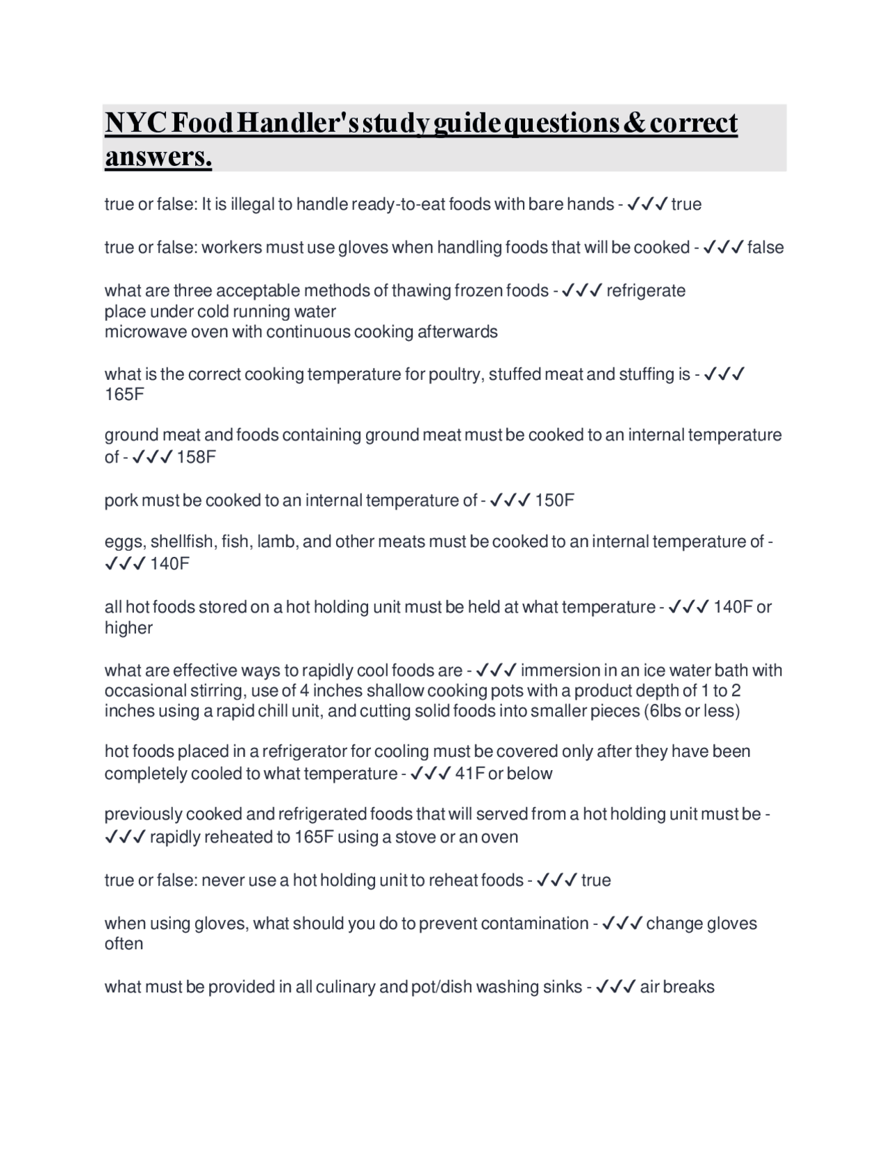 NYC Food Handler's Study Guide: Questions and Answers | Exams Food ...