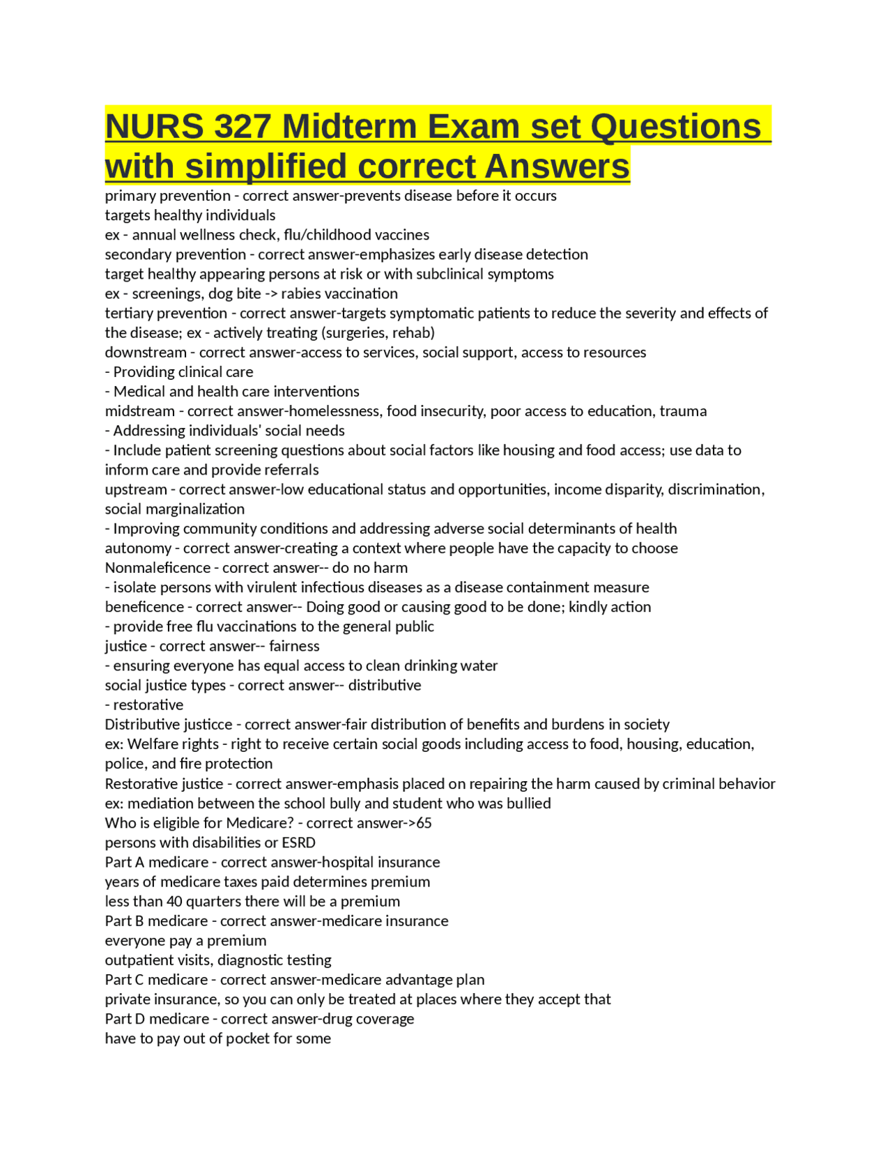 NURS 327 Midterm Exam set Questions with simplified correct Answers ...