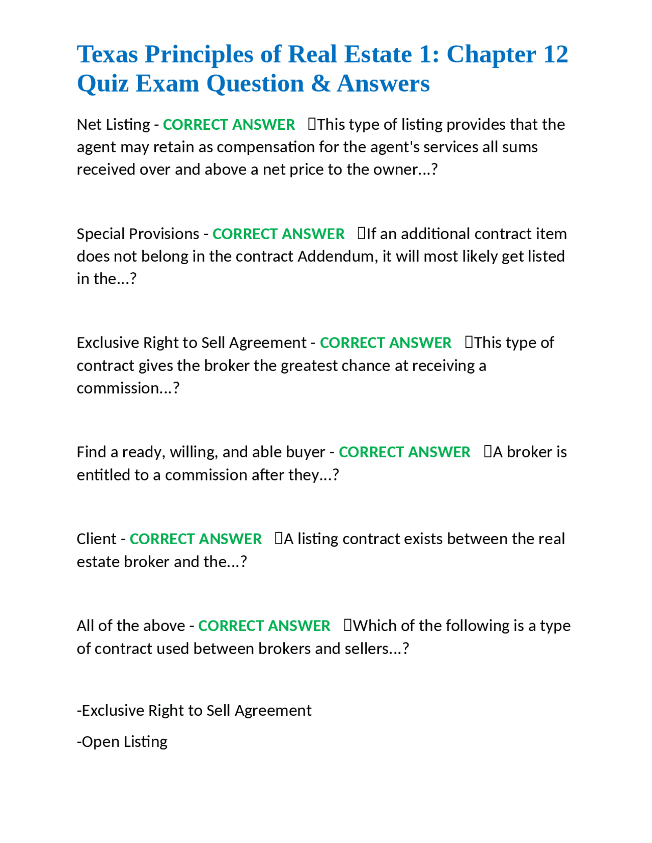 Texas Principles of Real Estate 1: Chapter 12 Quiz Exam Questions and ...