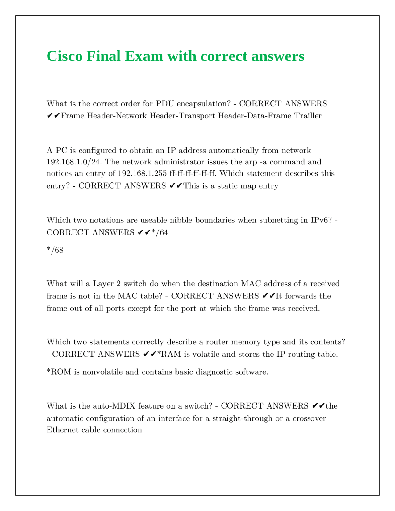 Cisco Networking Final Exam with Correct Answers | Exams Computer ...