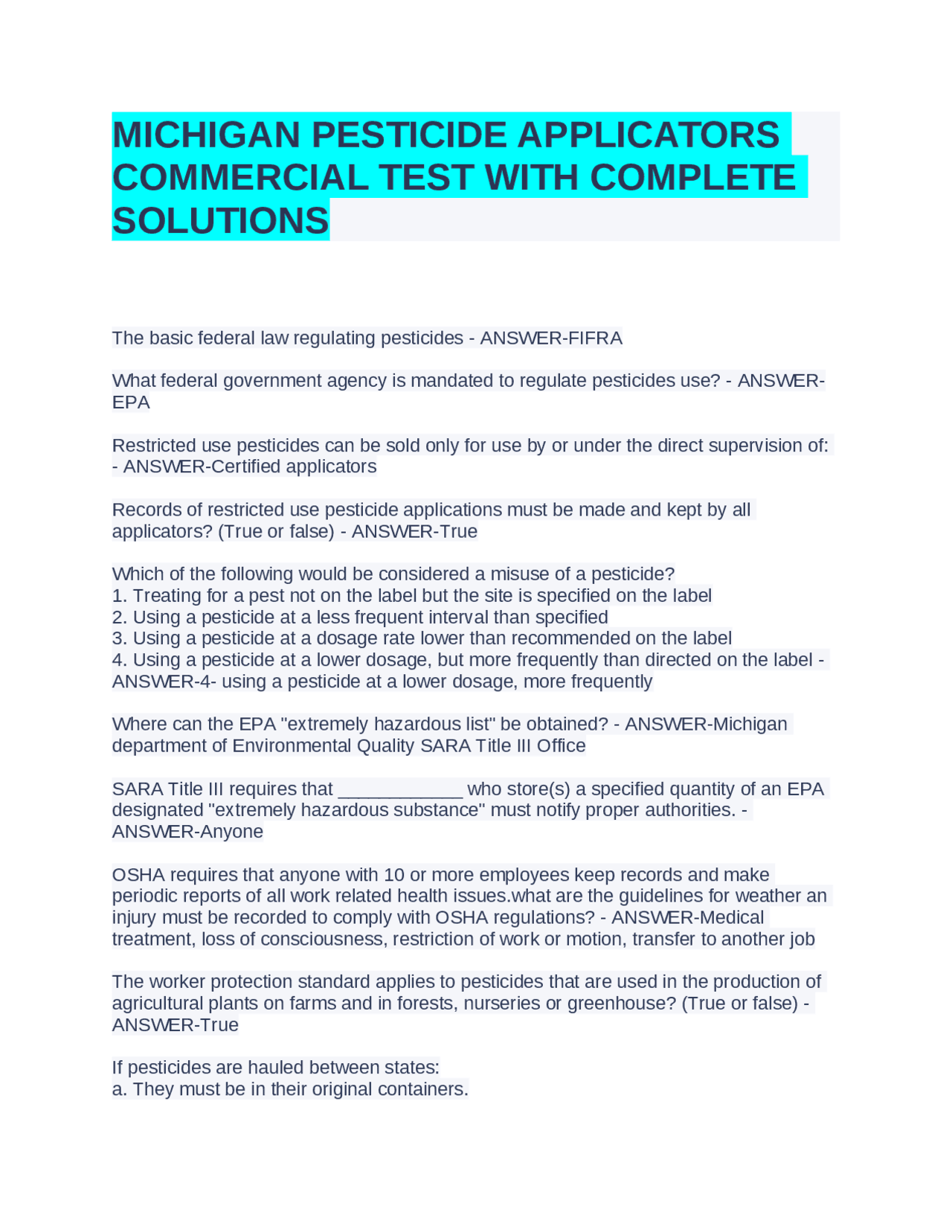 MICHIGAN PESTICIDE APPLICATORS COMMERCIAL TEST WITH COMPLETE SOLUTIONS | Exams Pest Management ...