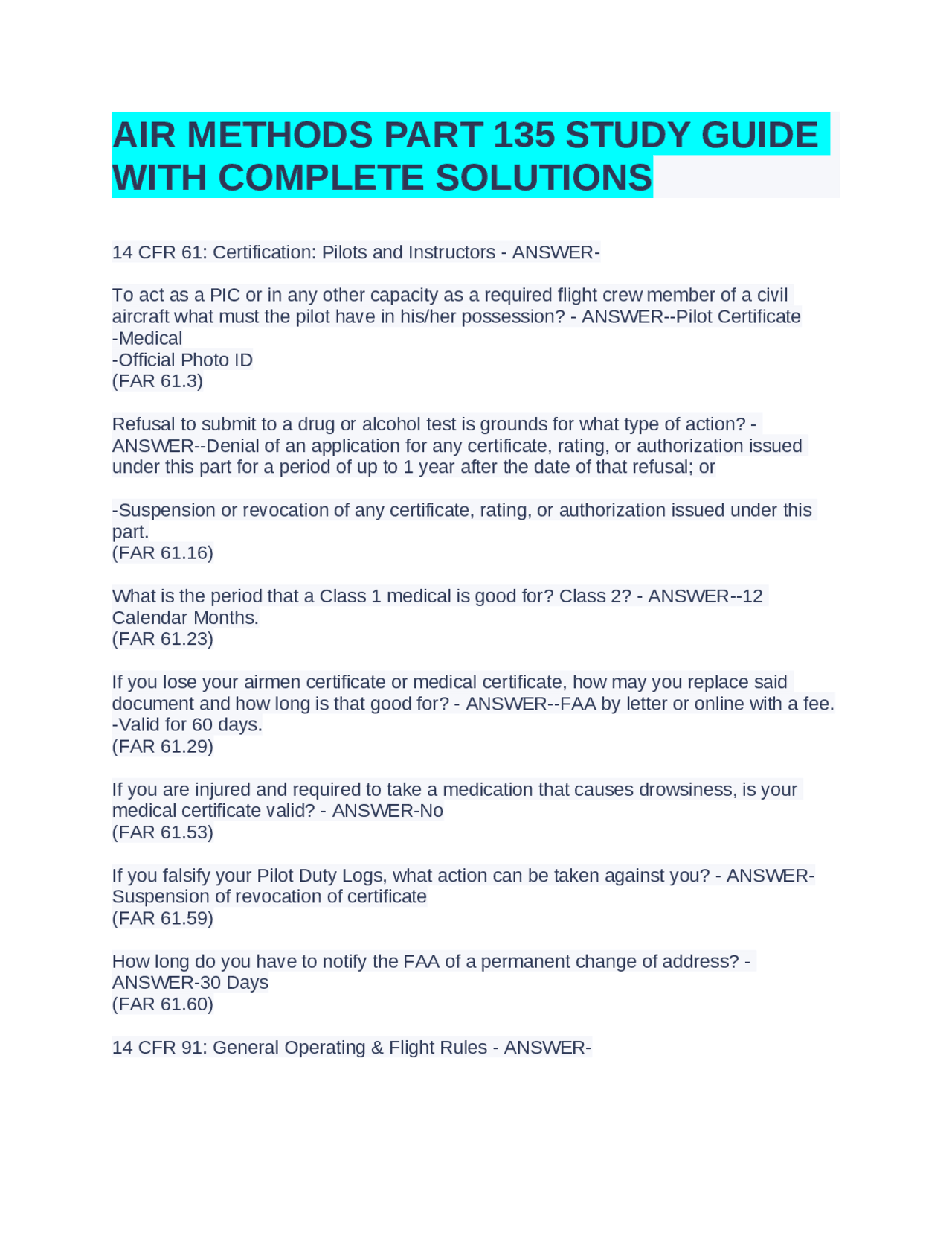 AIR METHODS PART 135 STUDY GUIDE WITH COMPLETE SOLUTIONS | Exams ...