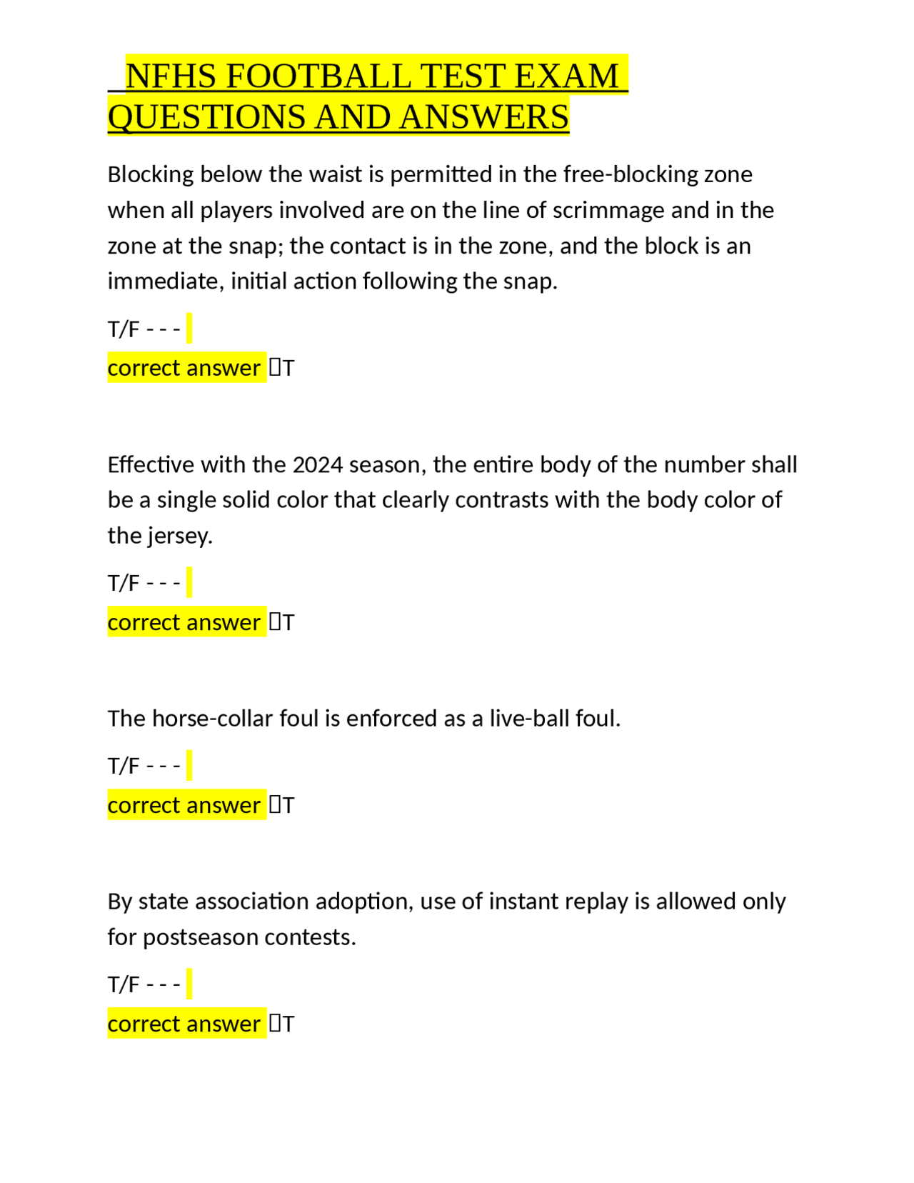 NFHS Football Test Exam: Questions and Answers | Exams Sport Studies | Docsity