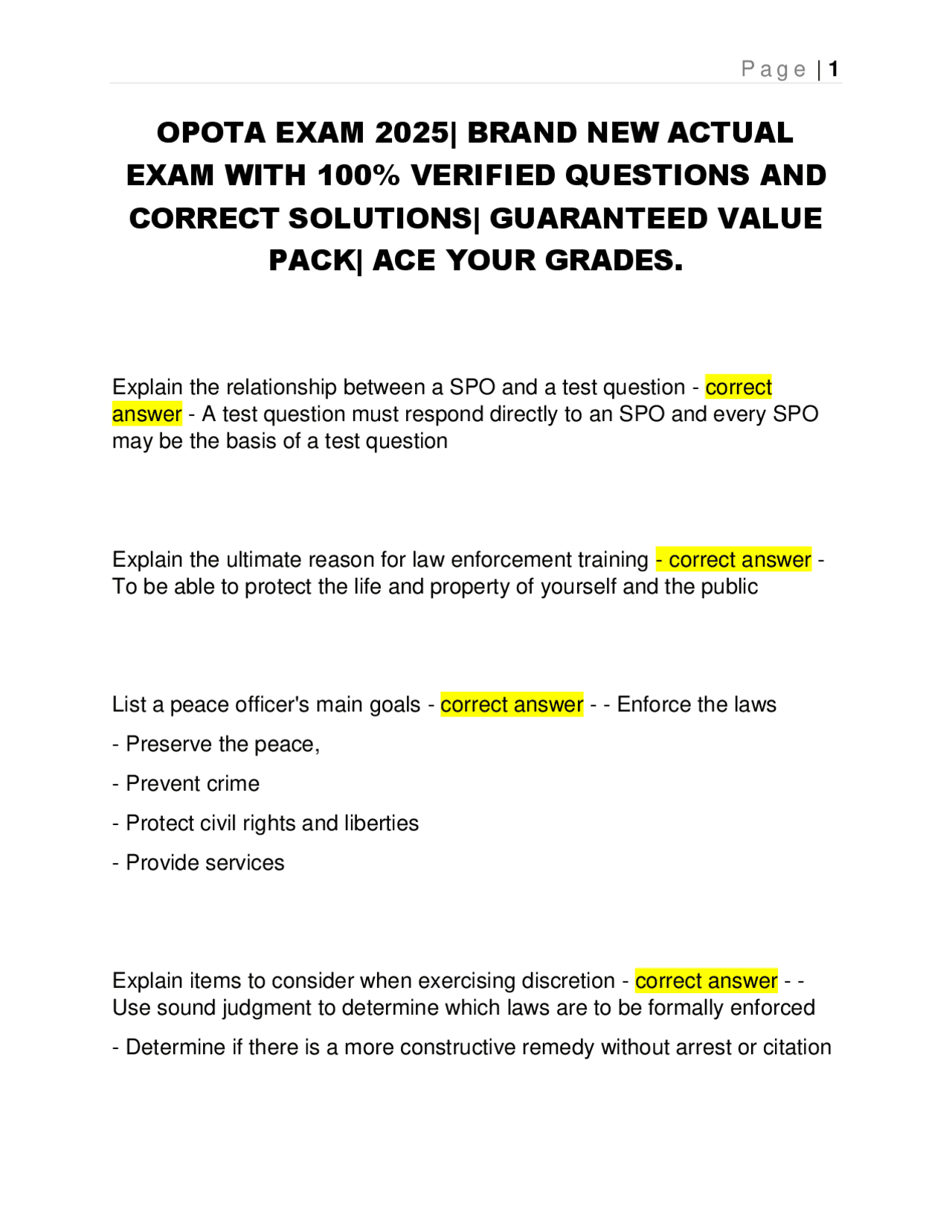 OPOTA Exam 2025 Law Enforcement Training Questions and Answers Exams