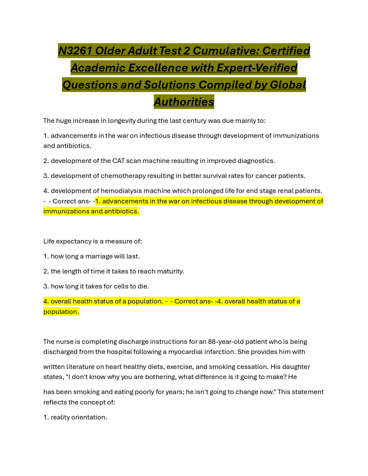 Geriatrics: Multiple Choice Questions and Answers | Exams Nursing | Docsity