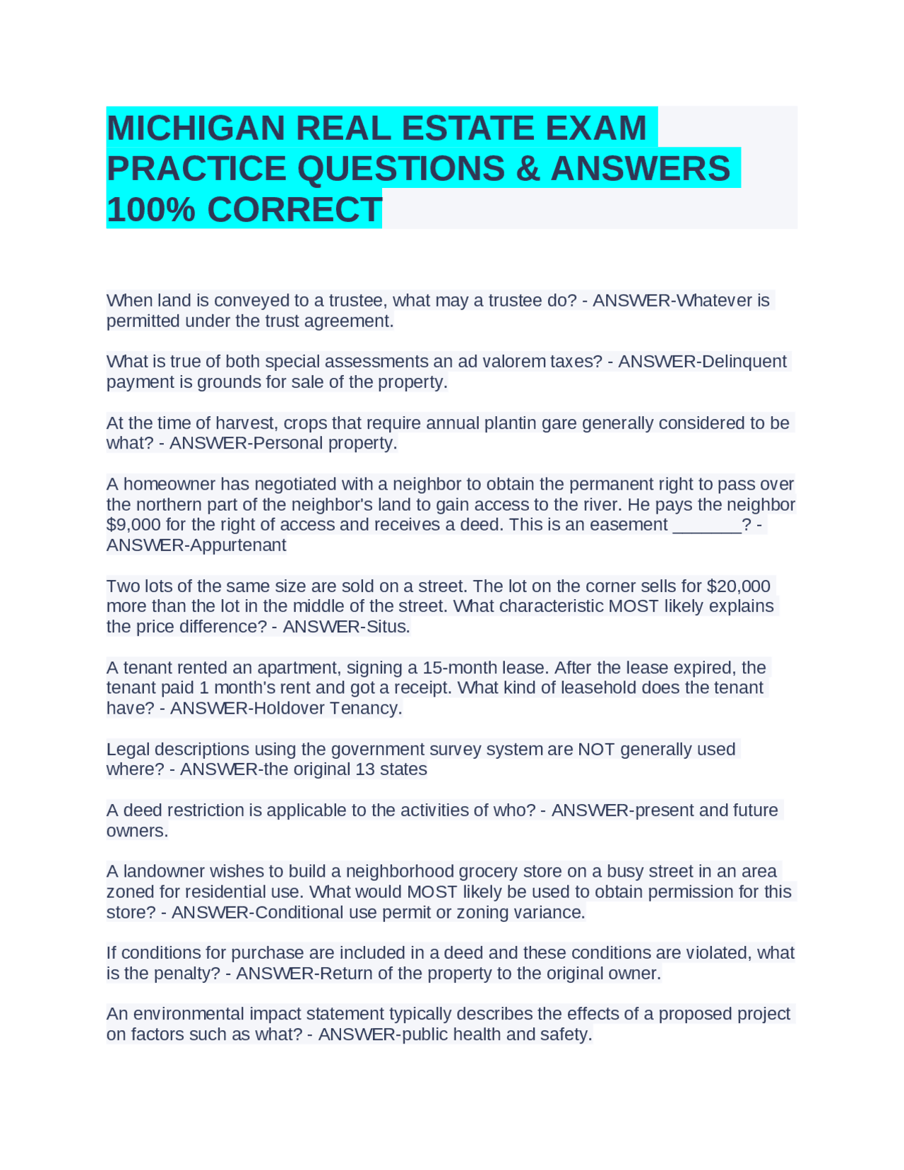MICHIGAN REAL ESTATE EXAM PRACTICE QUESTIONS &amp; ANSWERS 100% CORRECT | Exams Real Estate ...