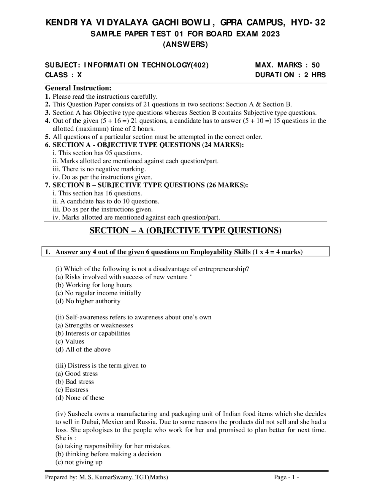 CLASS X IT 402 SAMPLE PAPER | Exams Computer science | Docsity
