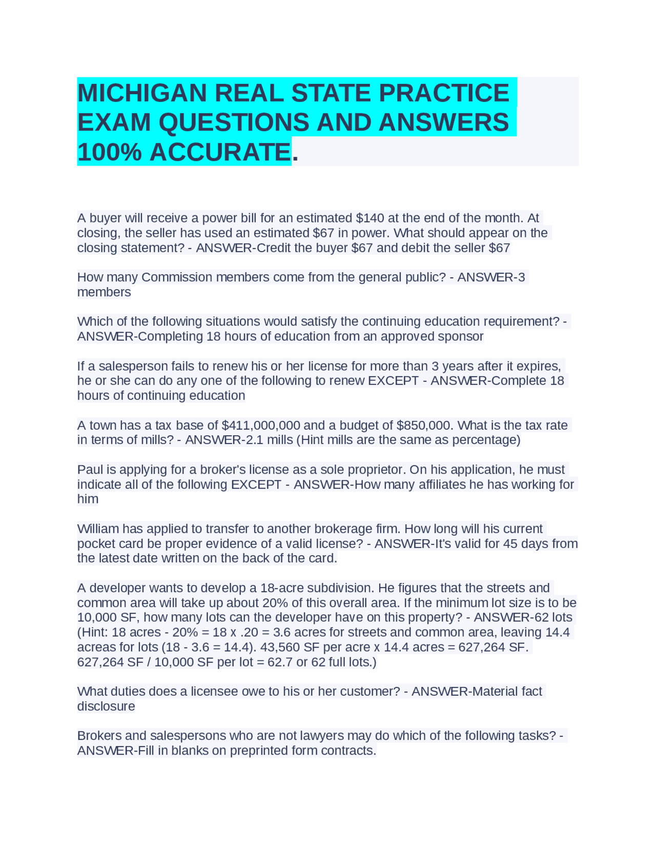 Michigan Real Estate Practice Exam Questions and Answers | Exams Real Estate Management | Docsity