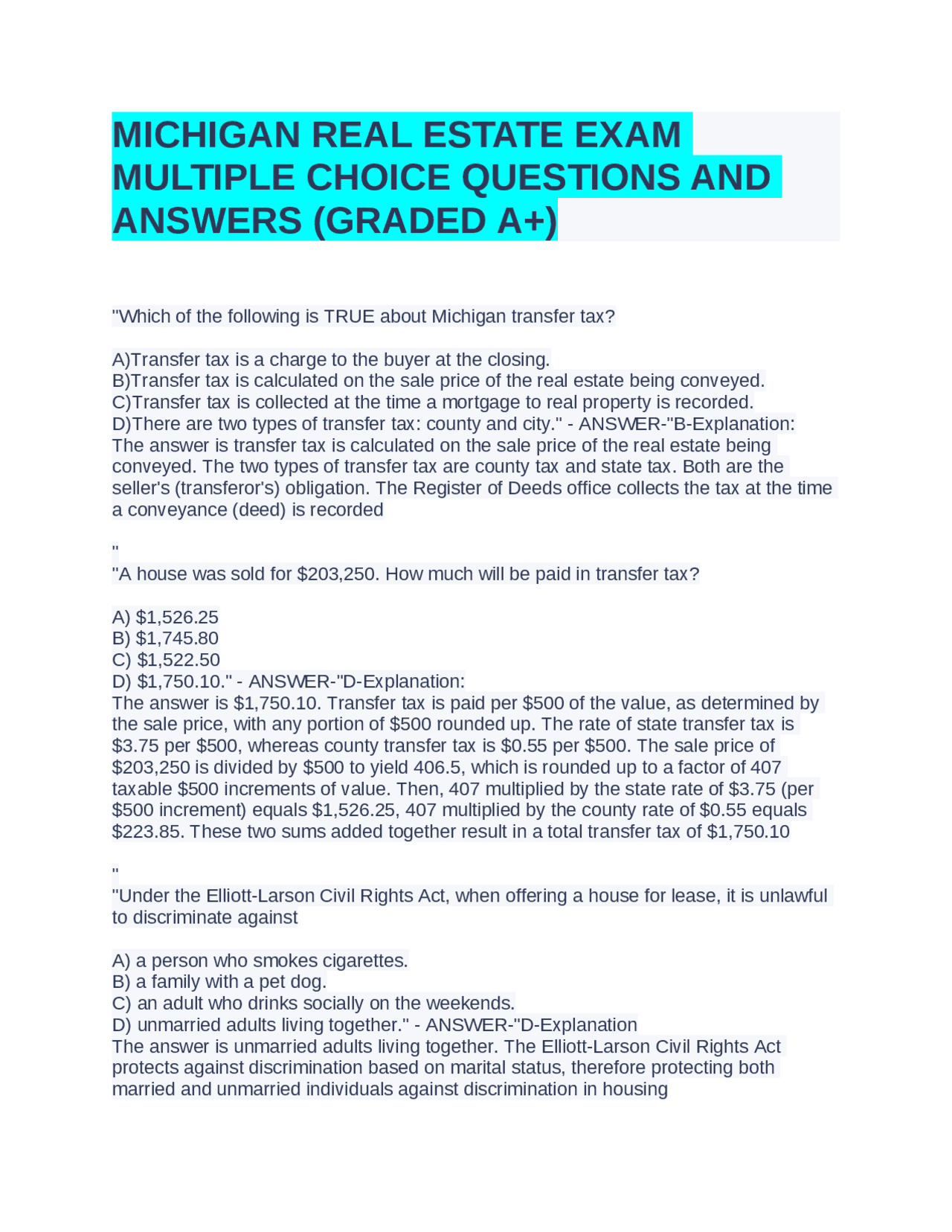 Michigan Real Estate Exam: Multiple Choice Questions and Answers | Exams Real Estate Management ...