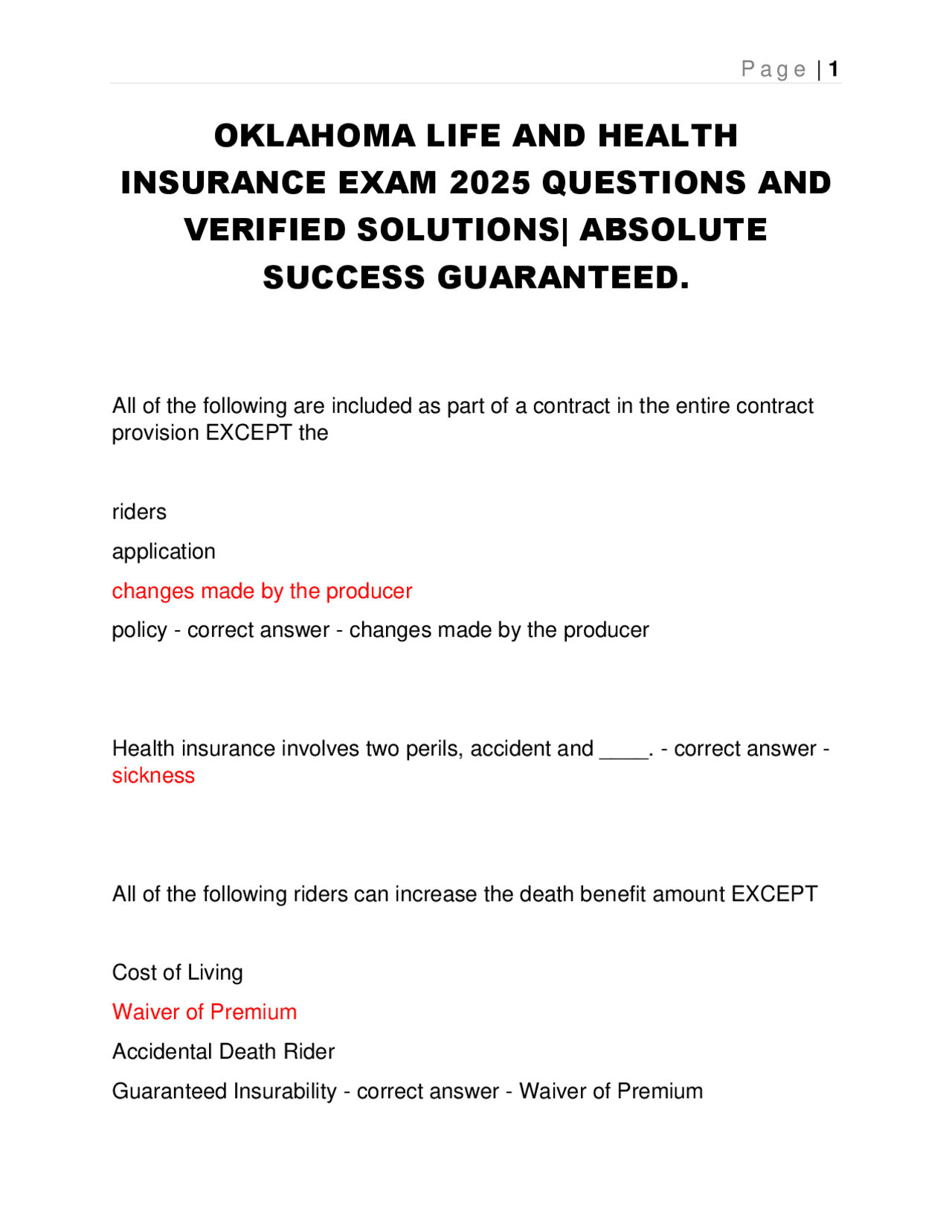 OKLAHOMA LIFE AND HEALTH INSURANCE EXAM 2025 QUESTIONS AND VERIFIED SOLUTIONS | Exams Life ...