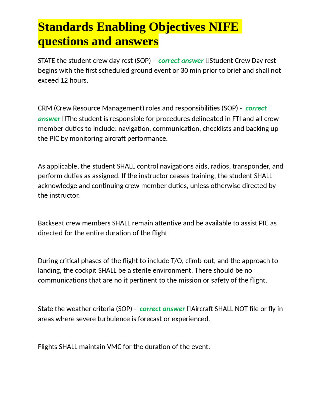 NIFE Standards Enabling Objectives: Questions and Answers | Exams ...