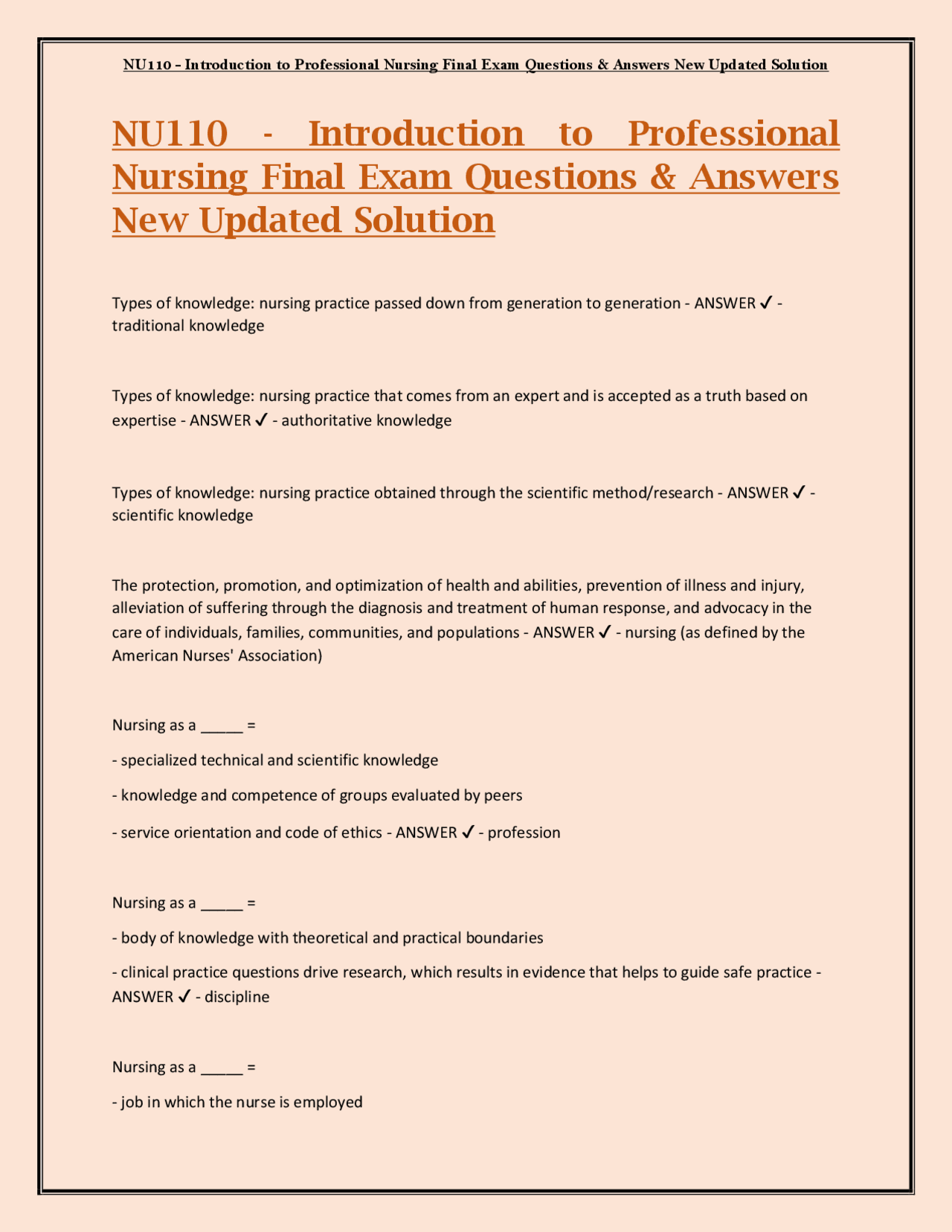 NU110 - Introduction to Professional Nursing Final Exam Questions ...