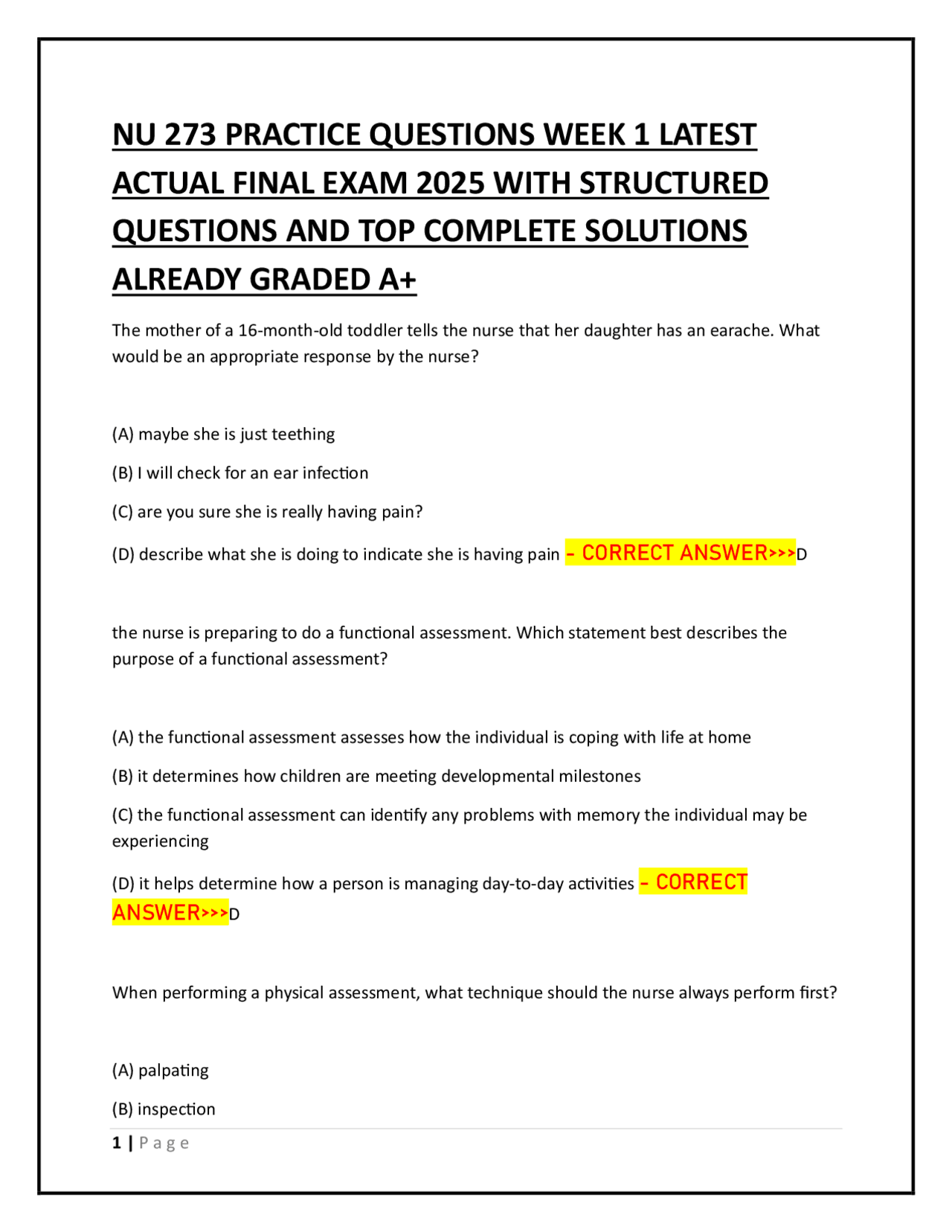 NU 273 PRACTICE QUESTIONS WEEK 1 LATEST ACTUAL FINAL EXAM 2025 | Exams ...