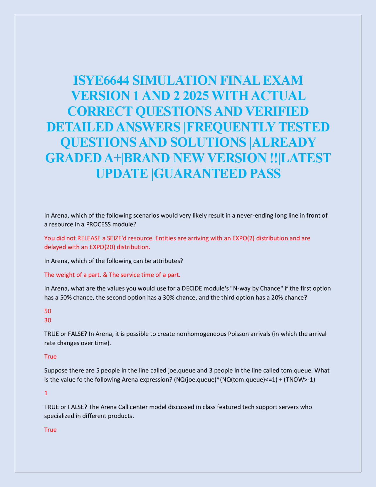 ISYE6644 MIDTERM 2 EXAM 2025 | Exams Industrial Engineering | Docsity