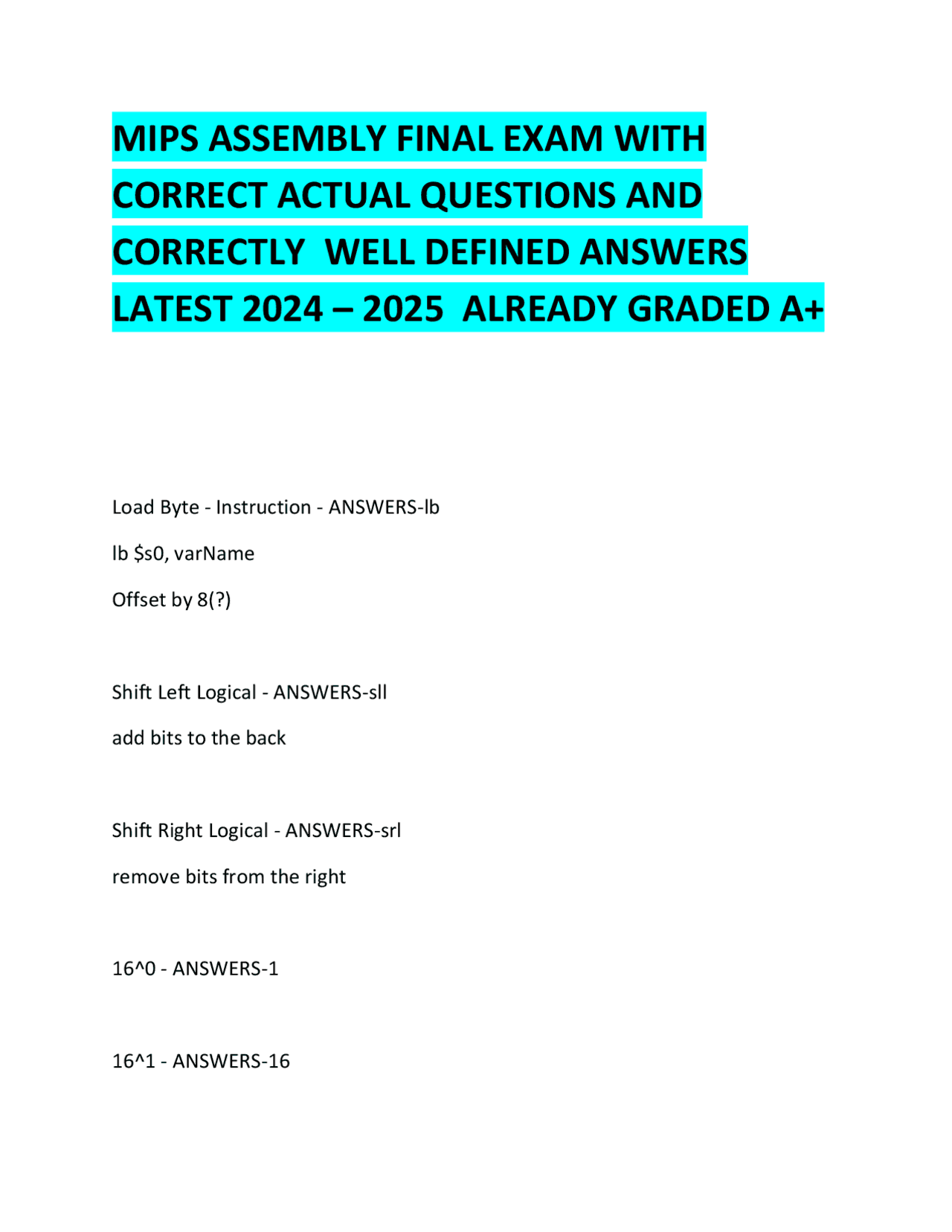 MIPS ASSEMBLY FINAL EXAM WITH CORRECT ACTUAL QUESTIONS AND CORRECTLY ...