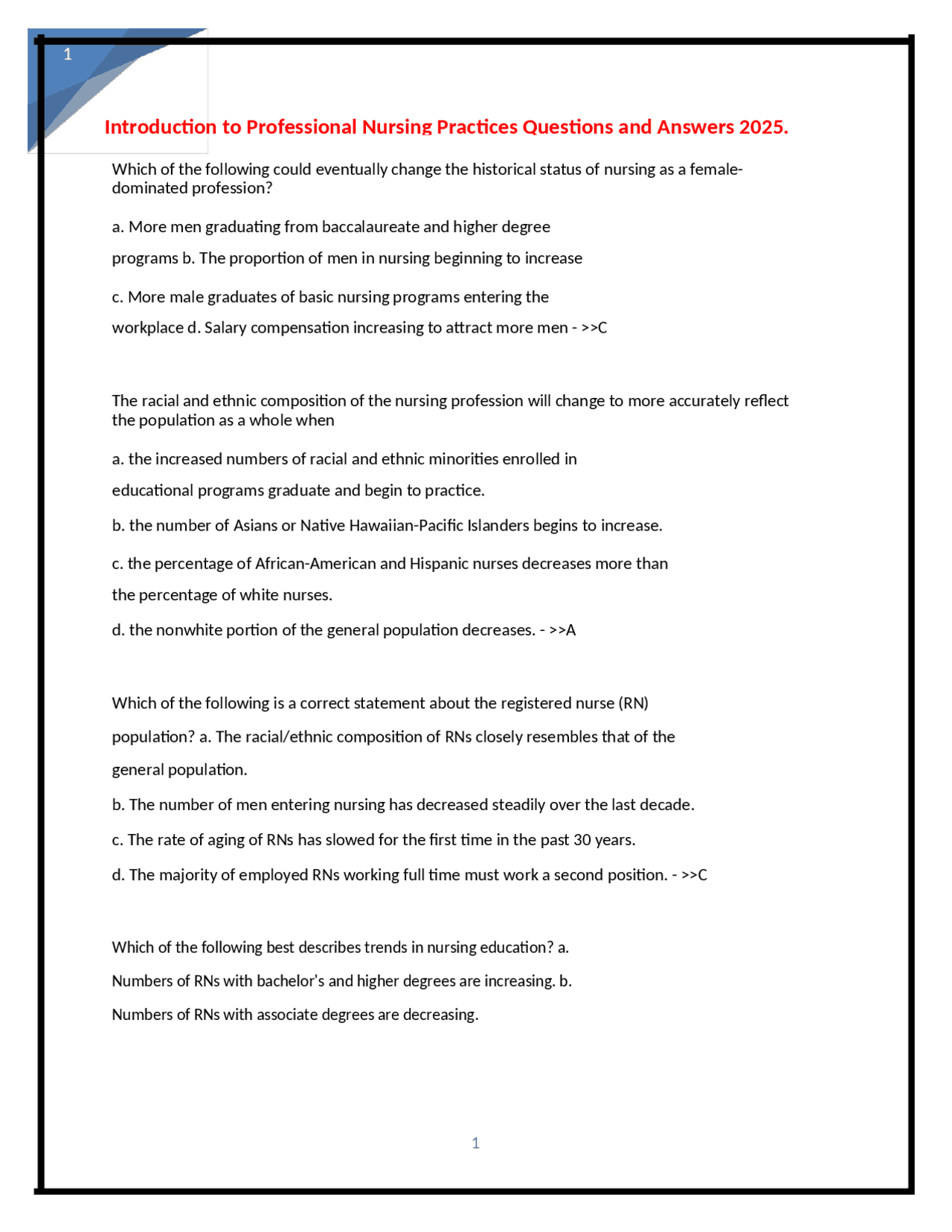 Introduction to Professional Nursing Practices Questions and Answers ...
