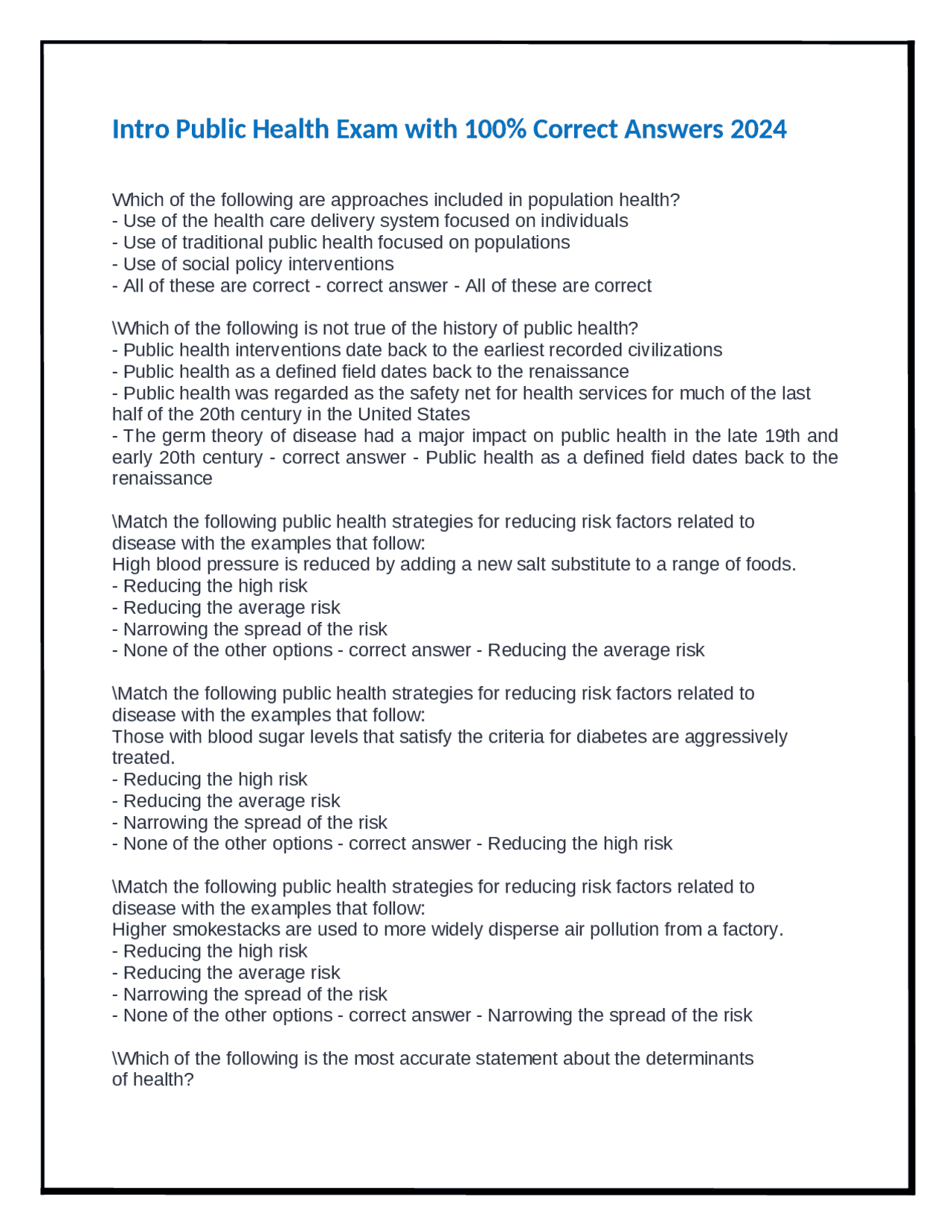 Public Health Exam Questions and Answers | Exams Nursing | Docsity