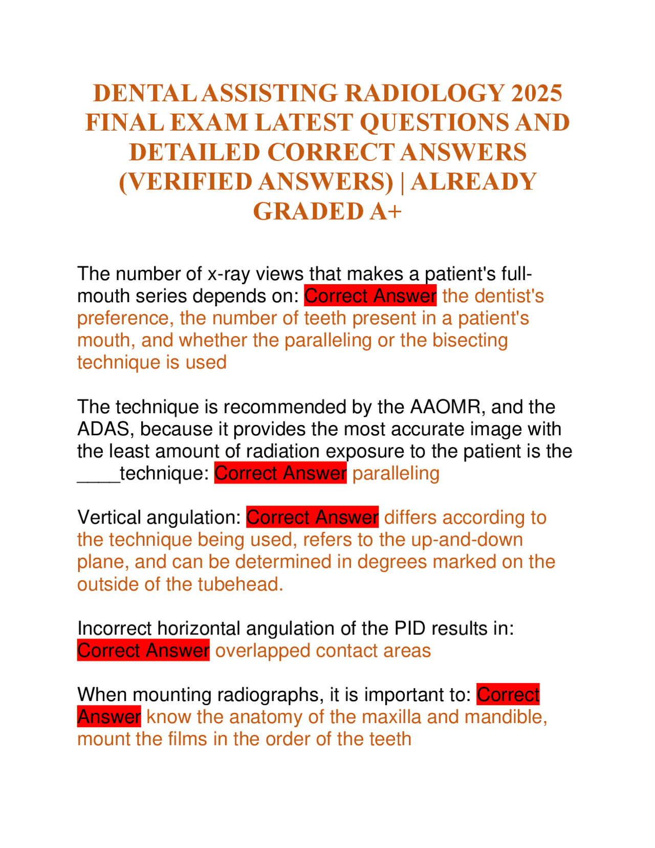 Dental Assisting Radiology: Final Exam Questions and Answers | Exams ...