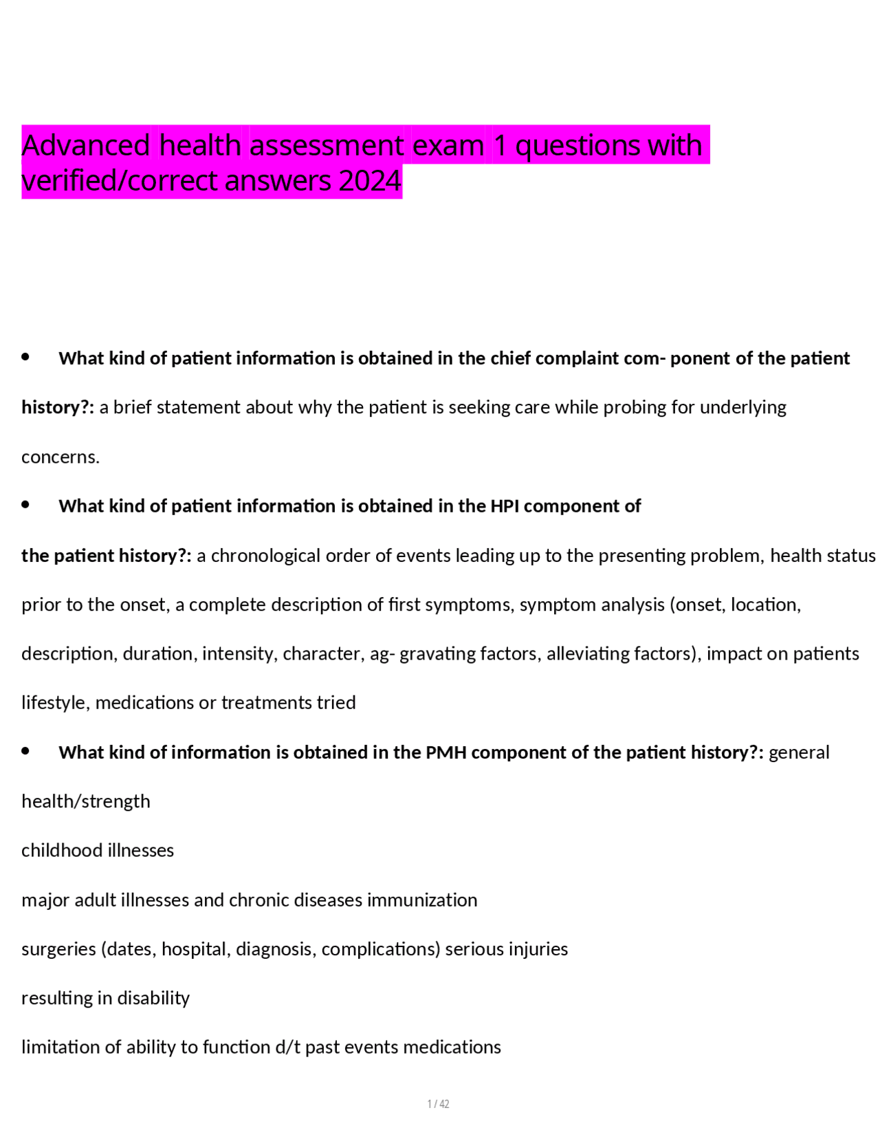 Advanced Health Assessment Exam 1 Questions and Answers | Exams Nursing ...