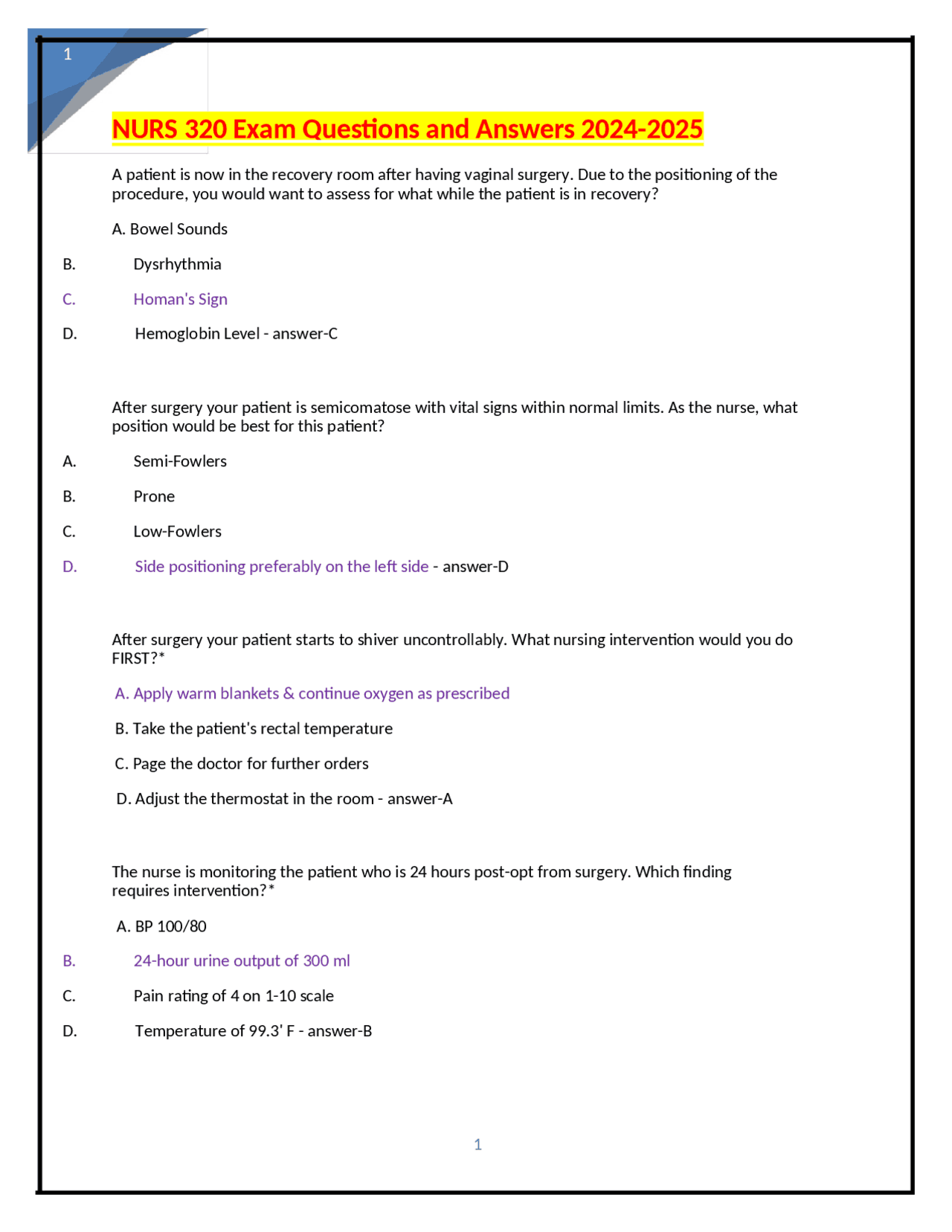 NURS 320 Exam Questions and Answers: Postoperative Nursing Care | Exams ...