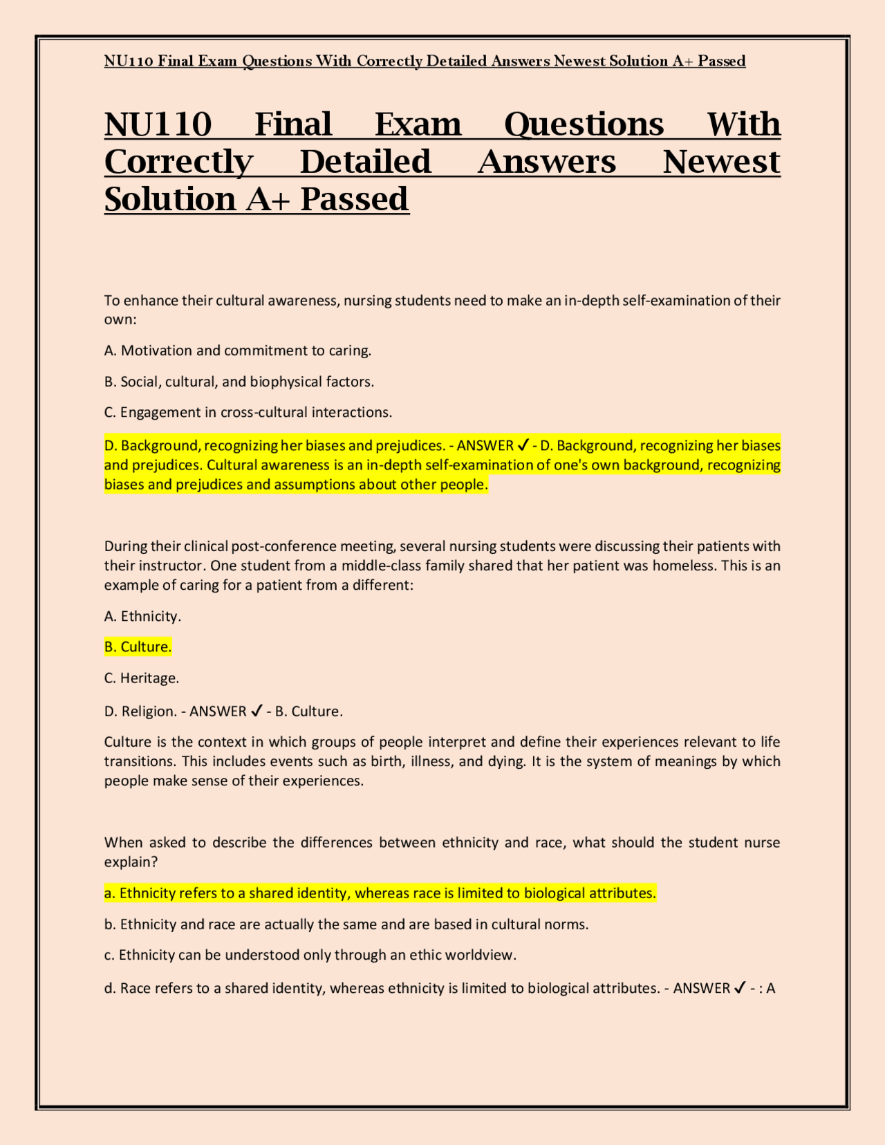NU110 Final Exam Questions With Correctly Detailed Answers Newest ...