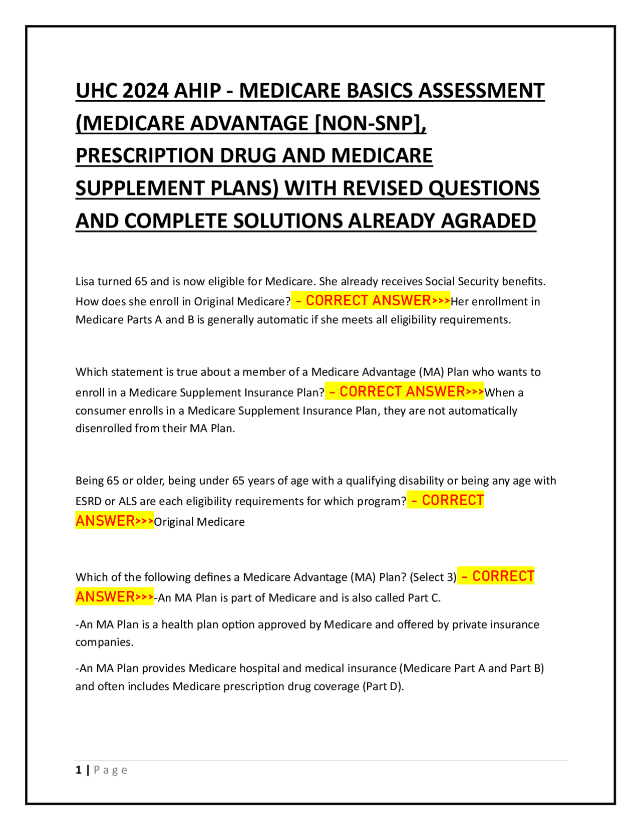 UHC 2024 AHIP - MEDICARE BASICS ASSESSMENT (MEDICARE ADVANTAGE [NON-SNP ...