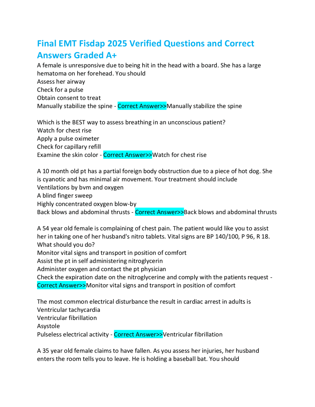Final EMT Fisdap 2025 Verified Questions and Correct Answers Graded A+ ...