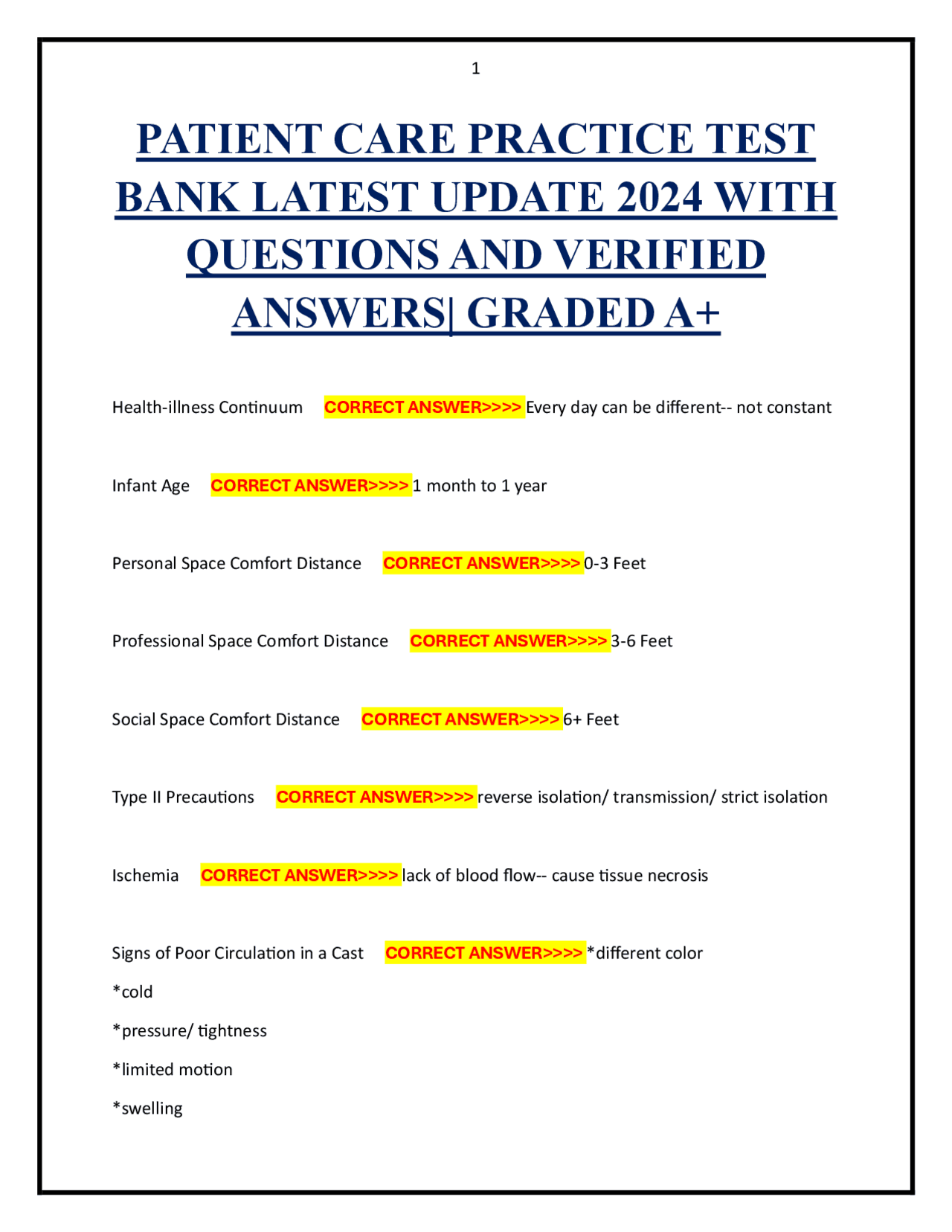 Patient Care Practice Test Bank: Latest Update 2024 with Questions and ...